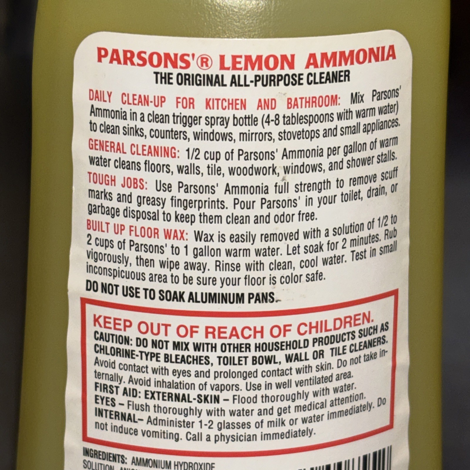 Vintage 1999 Parsons Lemon Fresh Ammonia Cleaner 28 Oz Full Bottle NOS