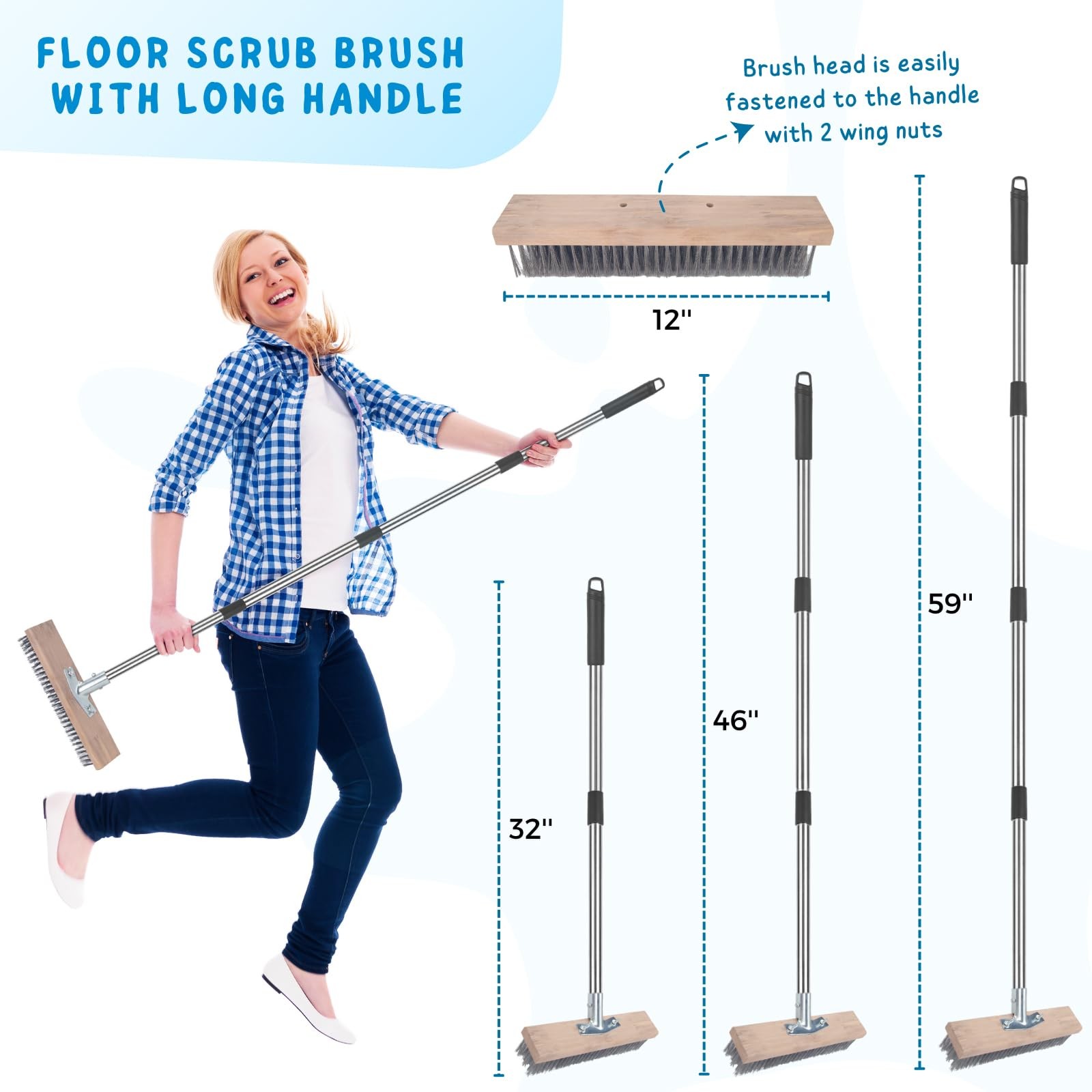 Stainless Steel Wire Scrub Brush with Long Handle for Deck, Concrete, Patio F…