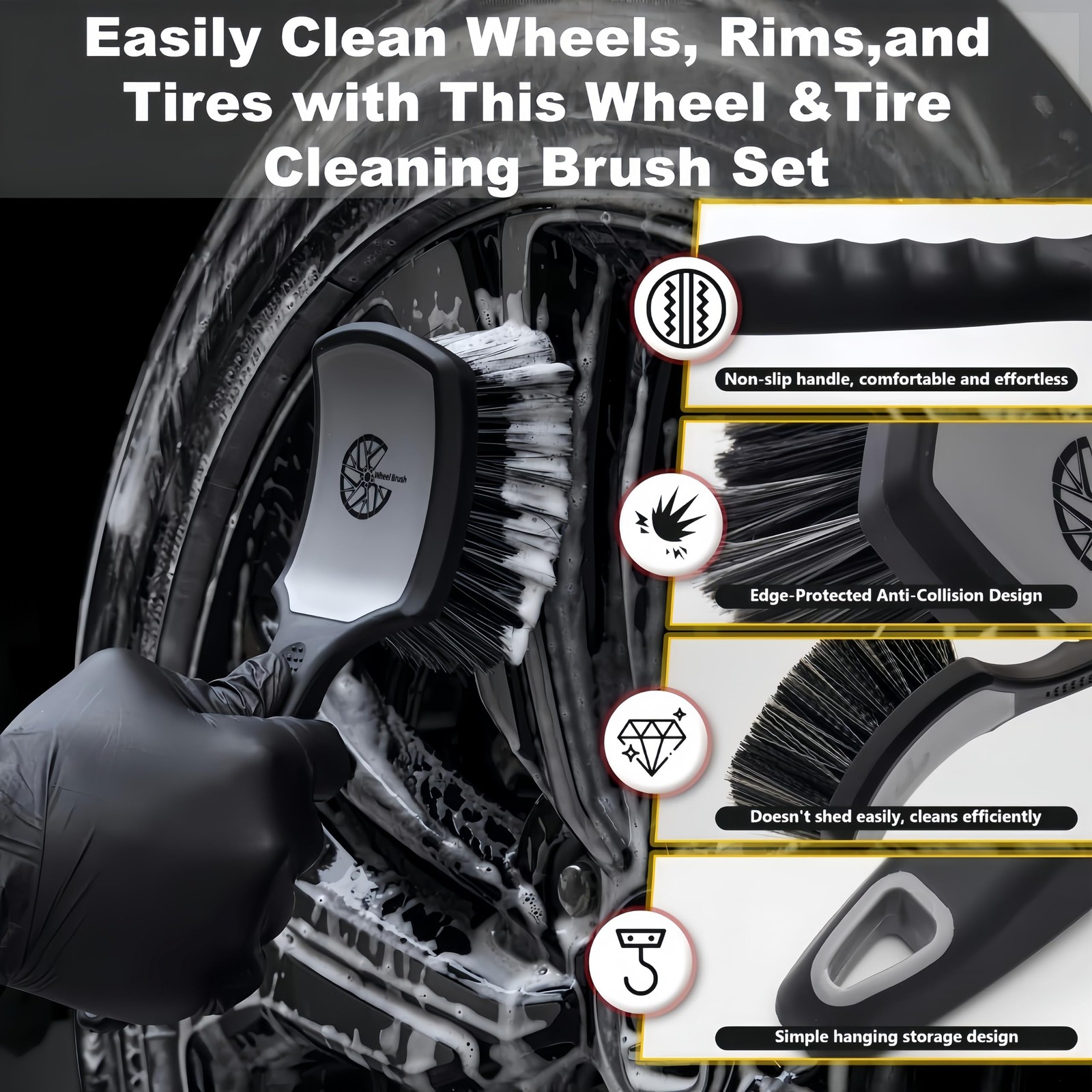Car Wheel & Tire Brush Set 2 Pack Soft & Stiff Bristle Cleaners for Vehicles