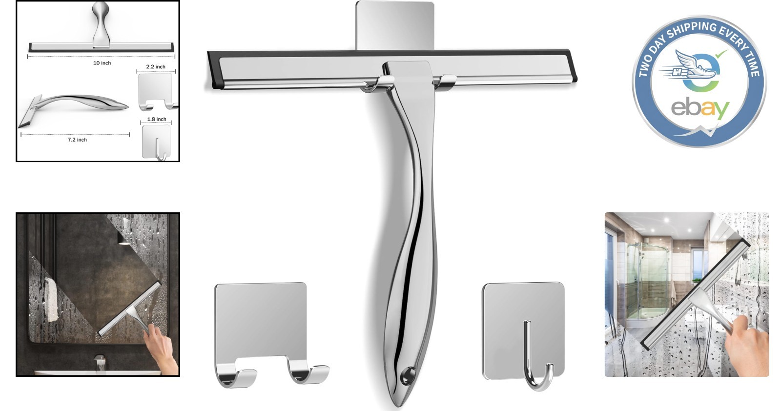 10-Inch Stainless Steel Shower Squeegee & Hooks – Effortless Cleaning Solution