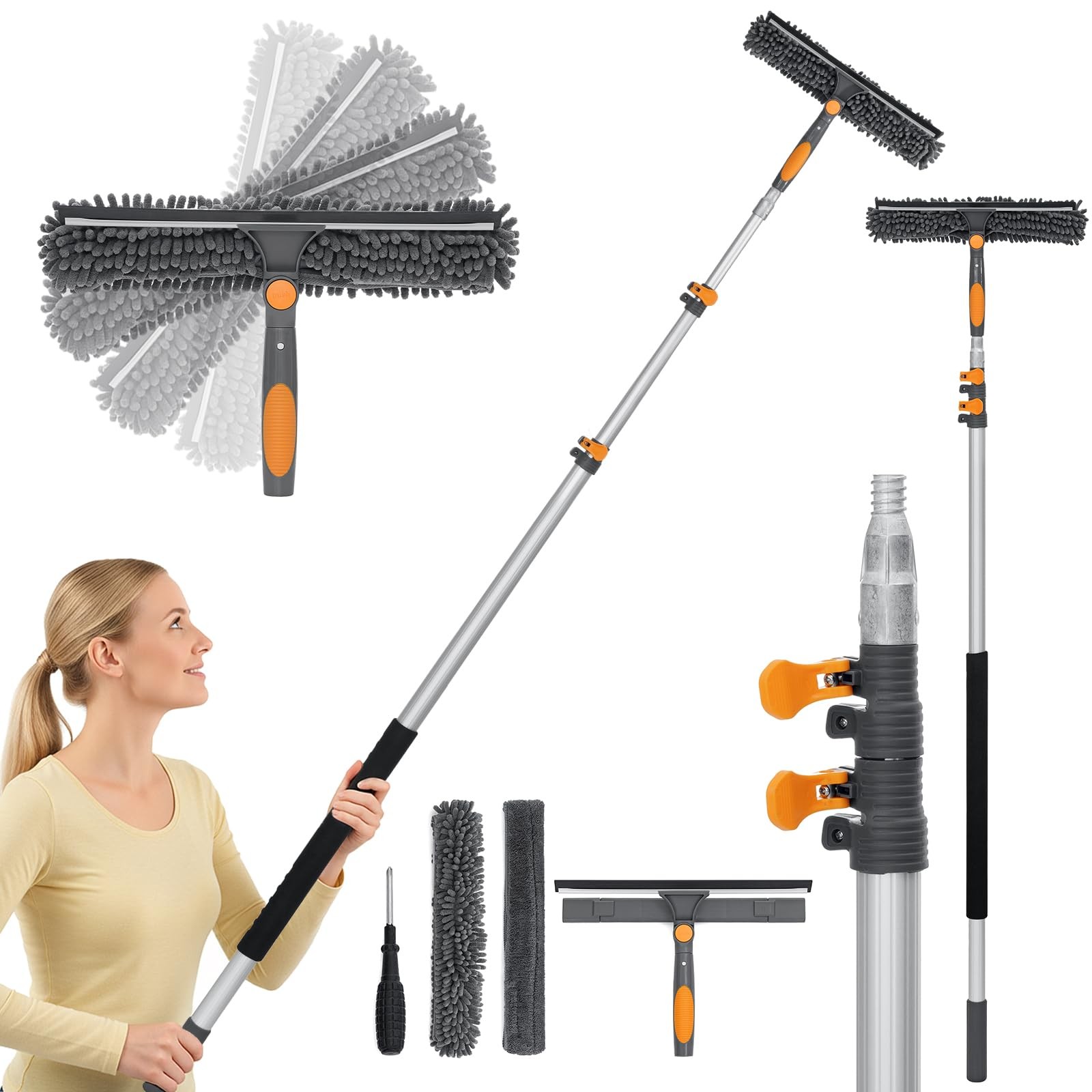 20FT Reach Window Squeegee with 5-13 FT Extension Poles, Extra-Large 14″ Wind…