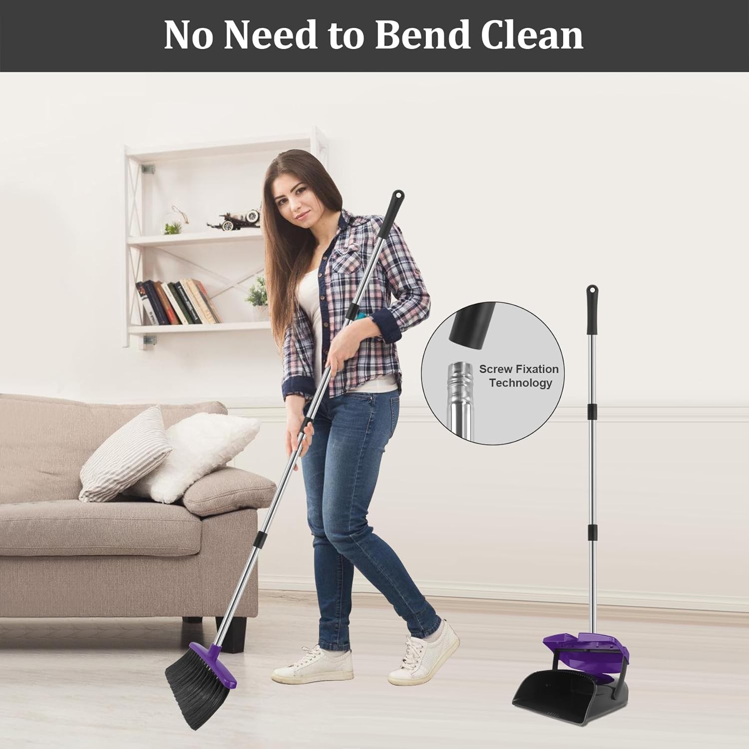 Broom and Dustpan Set, Long Handle Broom with Dustpan bo Set, Windproof