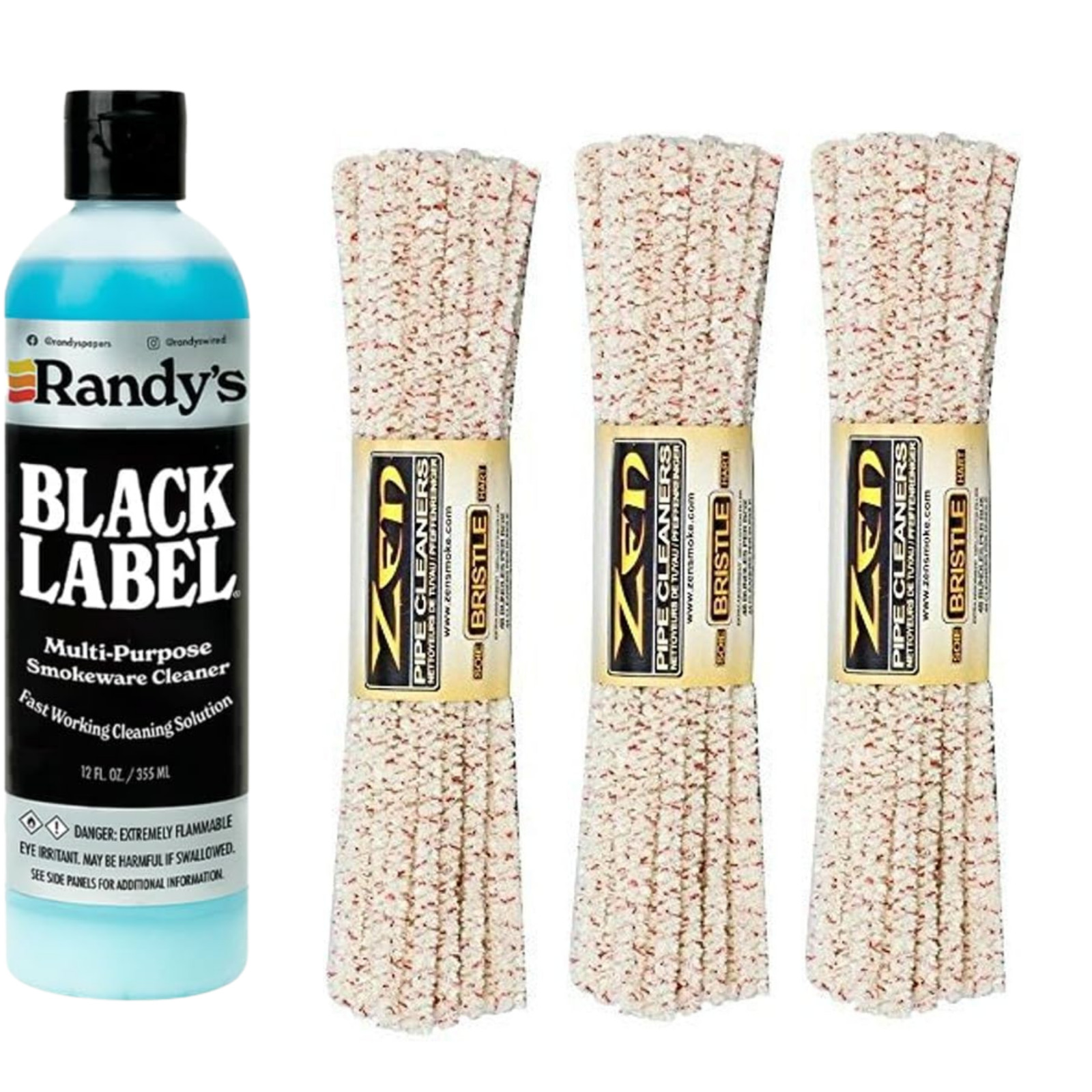 Randys Black Label Cleaner 12oz w Zen Hard Bristle Pipe Cleaners Bundle Kit