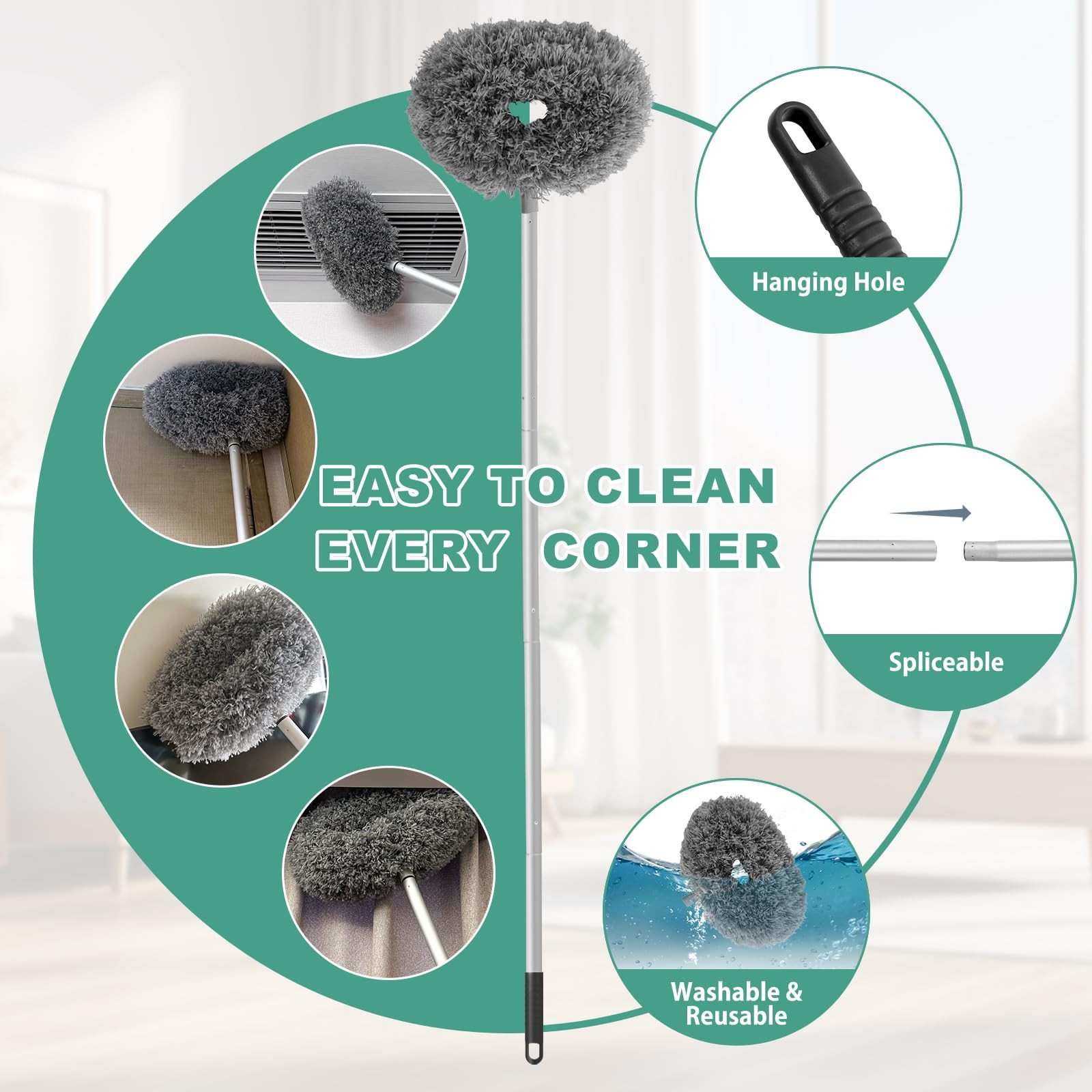 Plumero de microfibra reutilizable limpiador de ventiladores de techo (gris)