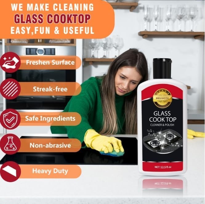 Meuvcol Glass Stove Top Cleaner Kit, 12 Oz Glass Cooktop Cleaner Non-Abrasive…