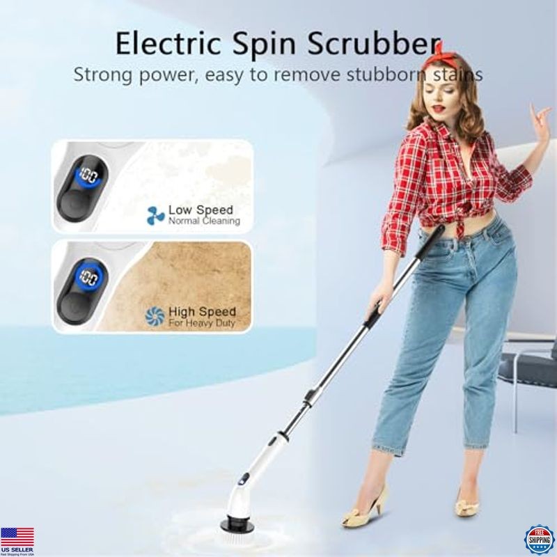 Cordless Electric Spin Scrubber, IPX7 Waterproof, Adjustable Handle, LCD Display