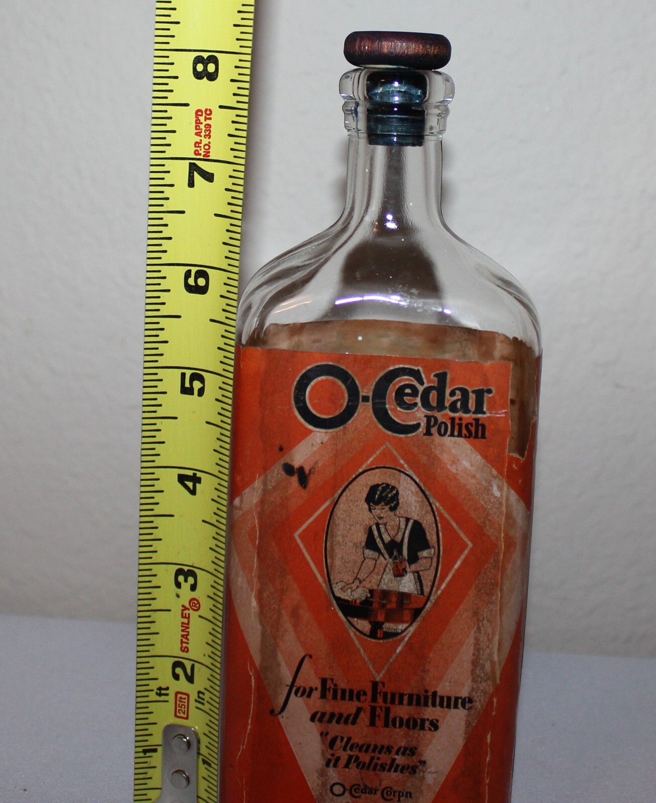 Antique O-CEDAR Polish Glass Bottle Paper Lable Wood Stopper Cap Advertising