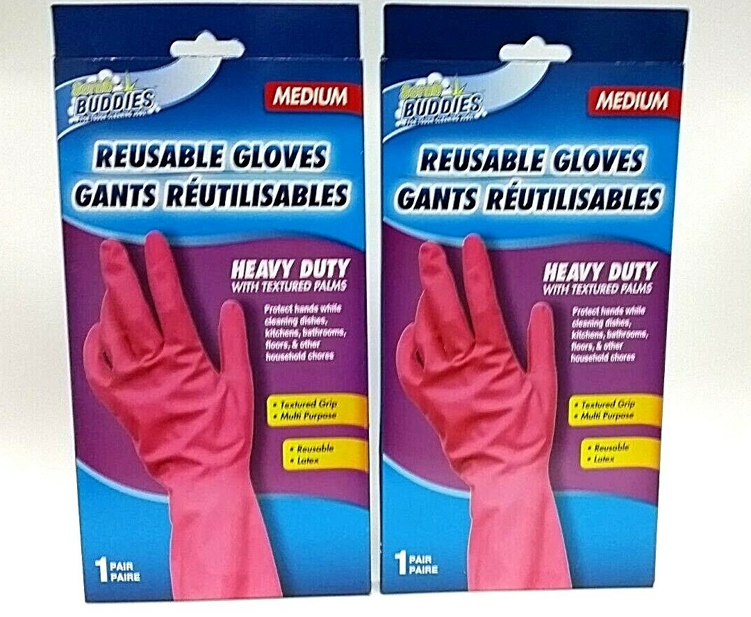 2 Pack SCRUB BUDDIES PINK HEAVY DUTY REUSABLE LATEX GLOVES SIZE MEDIUM 1Pair/Pk