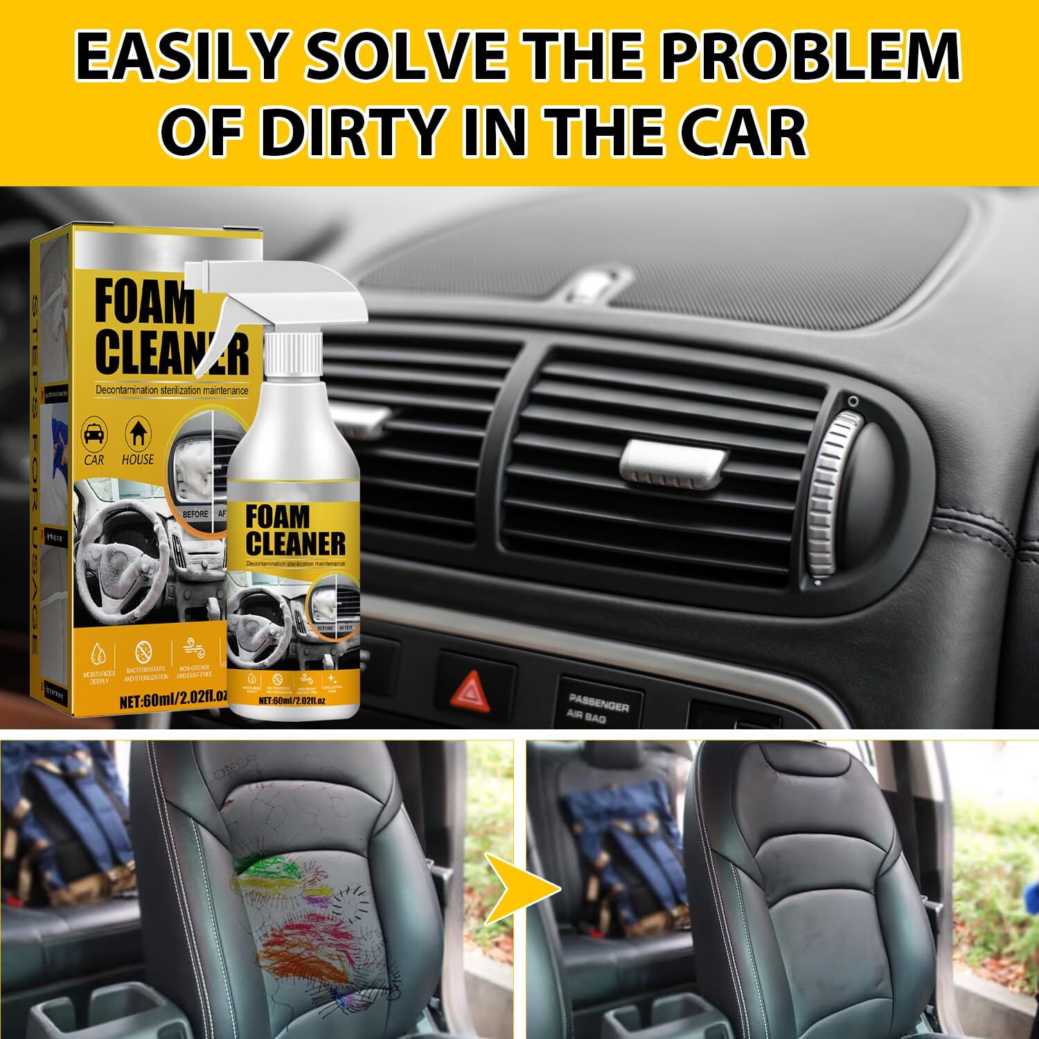 2PCS Car Interior Foam Cleaner Spray – Stain Remover for Seats & Upholstery