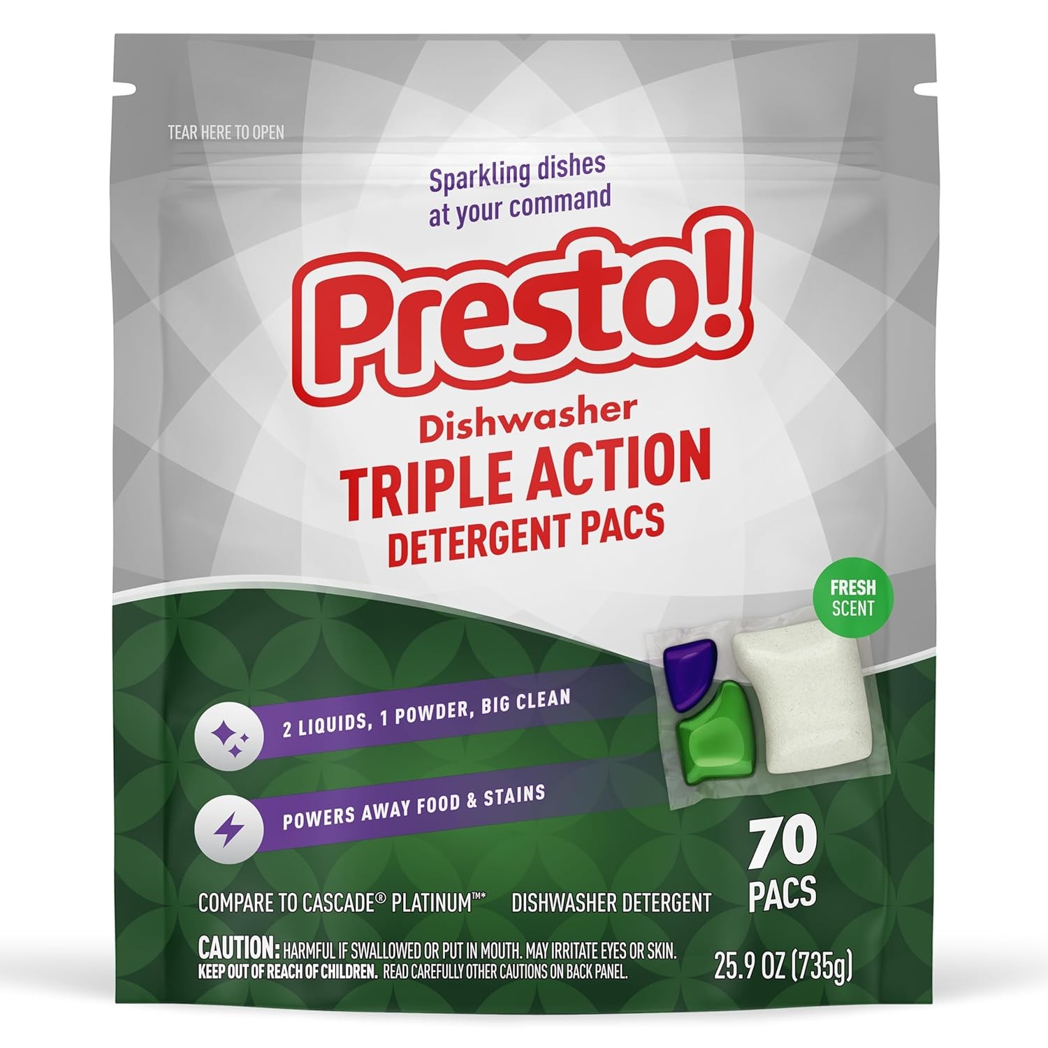 Presto Triple Action Dishwasher Pacs Lemon Scent 90 Count Fresh Scent Power