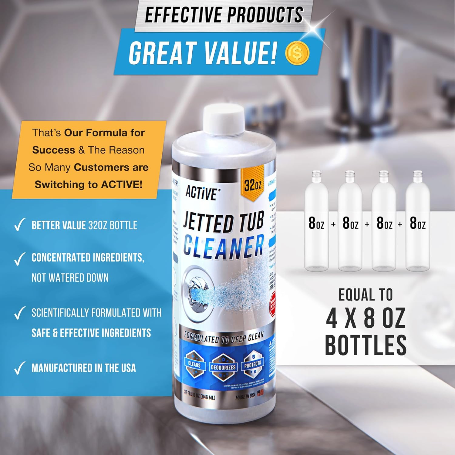 ACTIVE Jetted Tub Cleaner Bathtub Cleaning – 32oz (8 32 Fl Oz (Pack of 1)