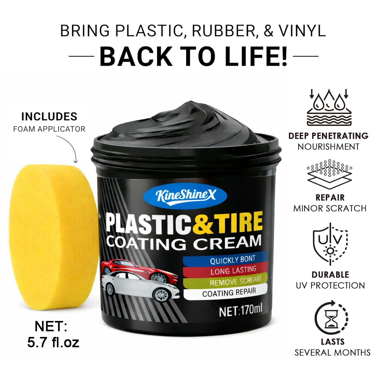 Black Trim Restorer, Plastic Restorer for Cars – Restore Faded Bumpers, Plastic,