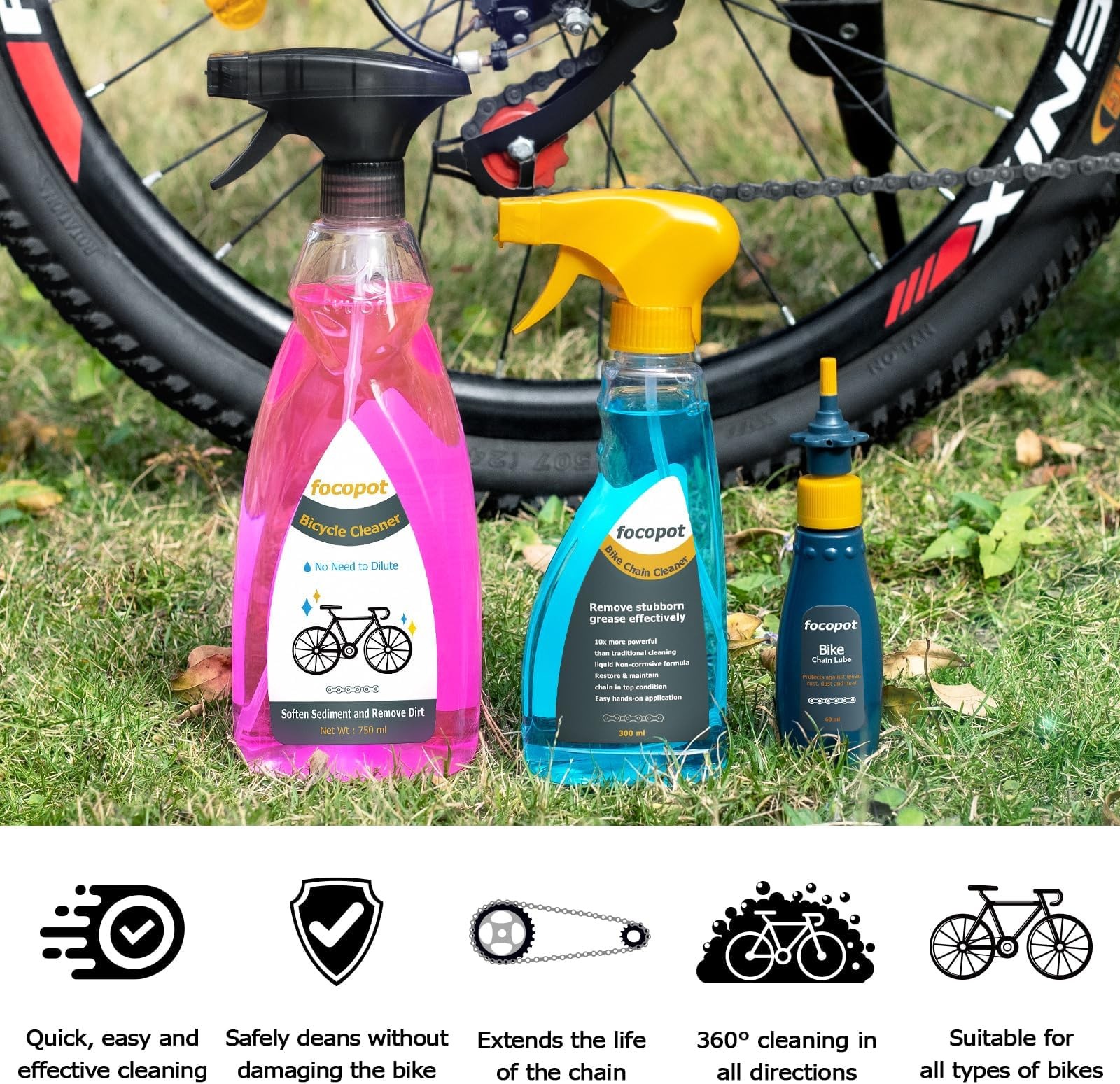 focopot Bike Cleaning Kit with Bicycle Cleaner(25 oz),Degreaser(10 oz),Oil Lu…