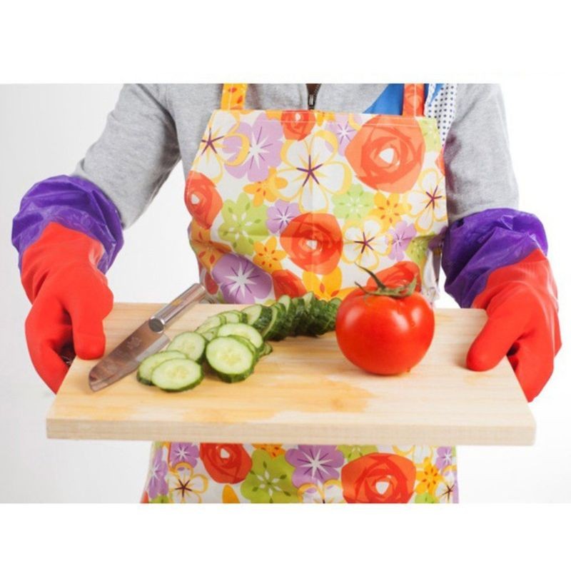 2 Pairs Fleece Lined Rubber Gloves Long Cuff Waterproof Dishwashing Cleaning