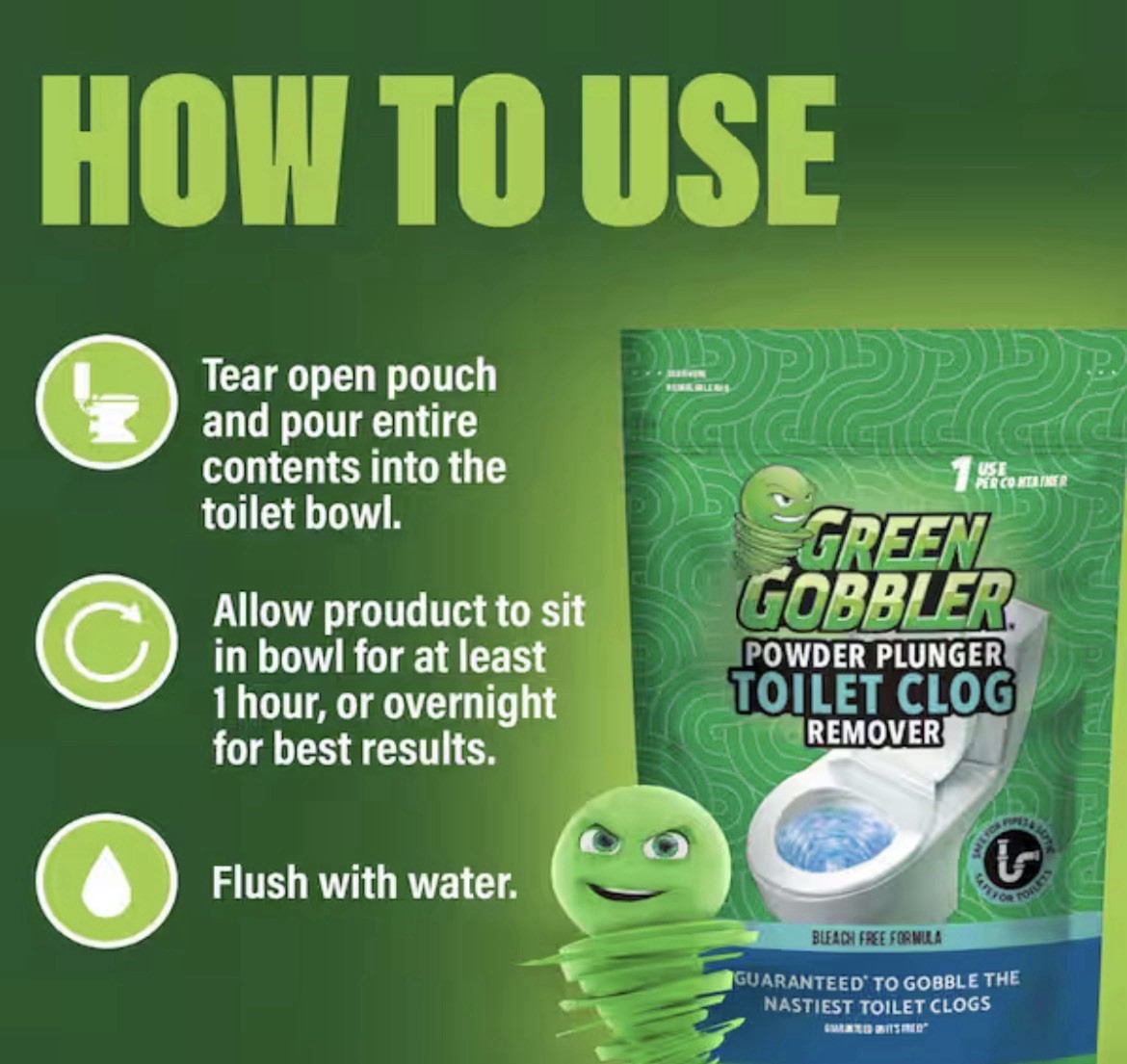 Green Gobbler Powder Toilet Clog Remover Bleach-Free Safe Pipes Septic 1.03 lbs