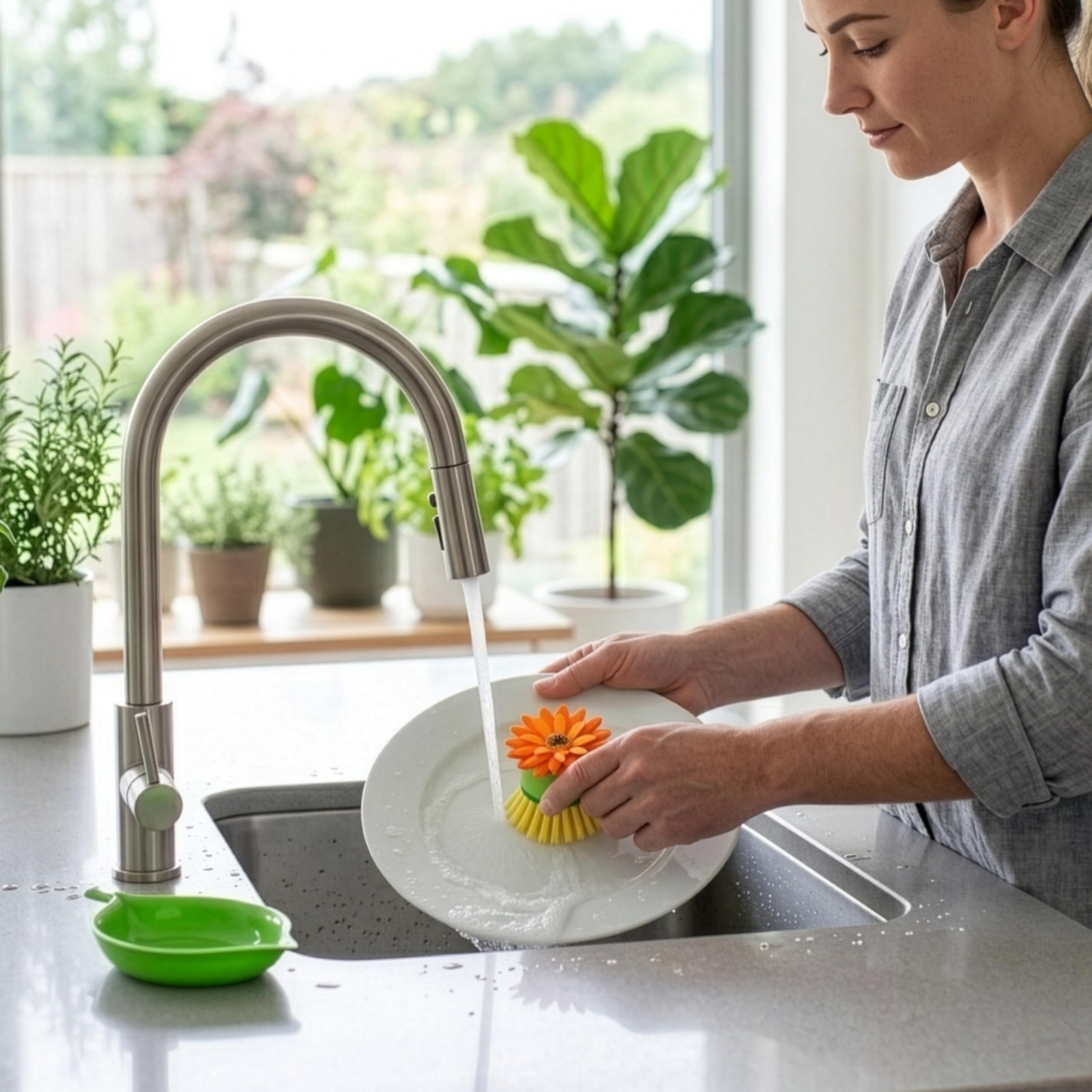 Flower Palm Dish Scrub Brush With Holder Kitchen Brushes For Dishes Sink Brush A