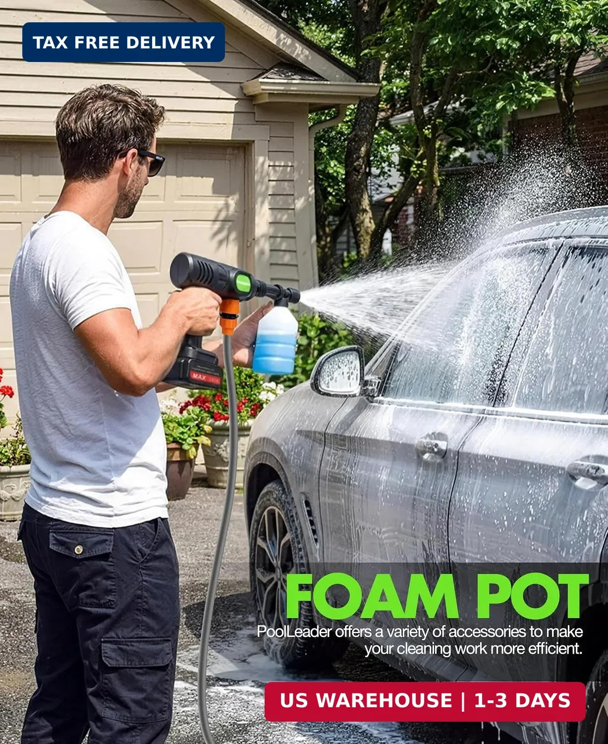 PoolLeader Cordless Car Washing Tool, Portable Vehicle Cleaner with 6-in-1 Nozzl