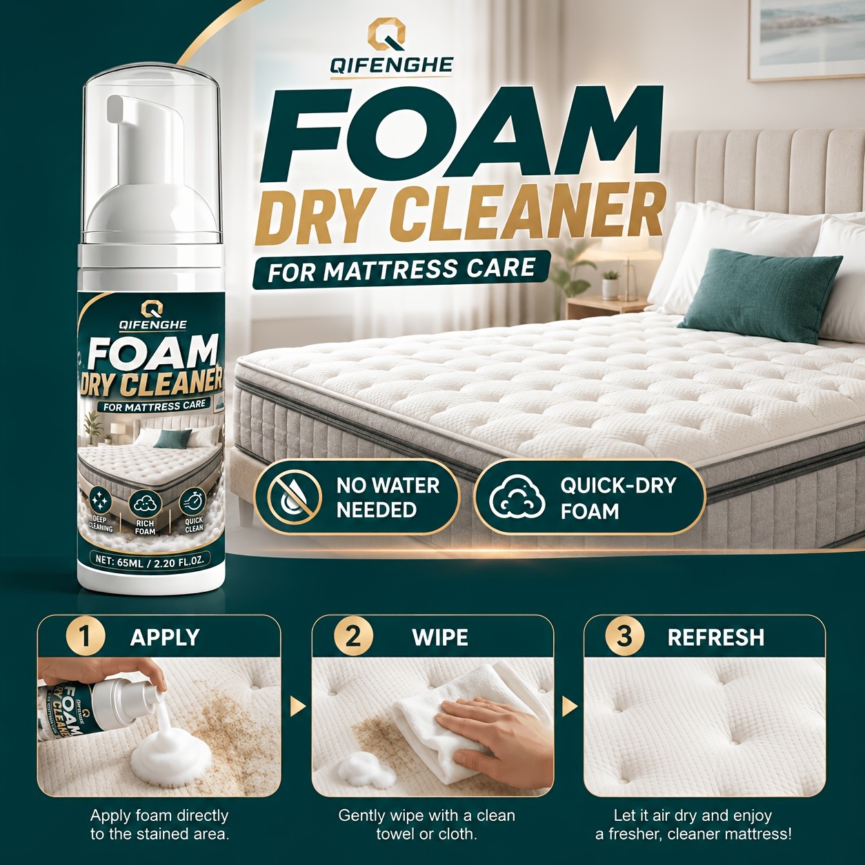 Mattress Foam Dry Cleaner, No Water Needed Deep Stain Remover for Mattress And F
