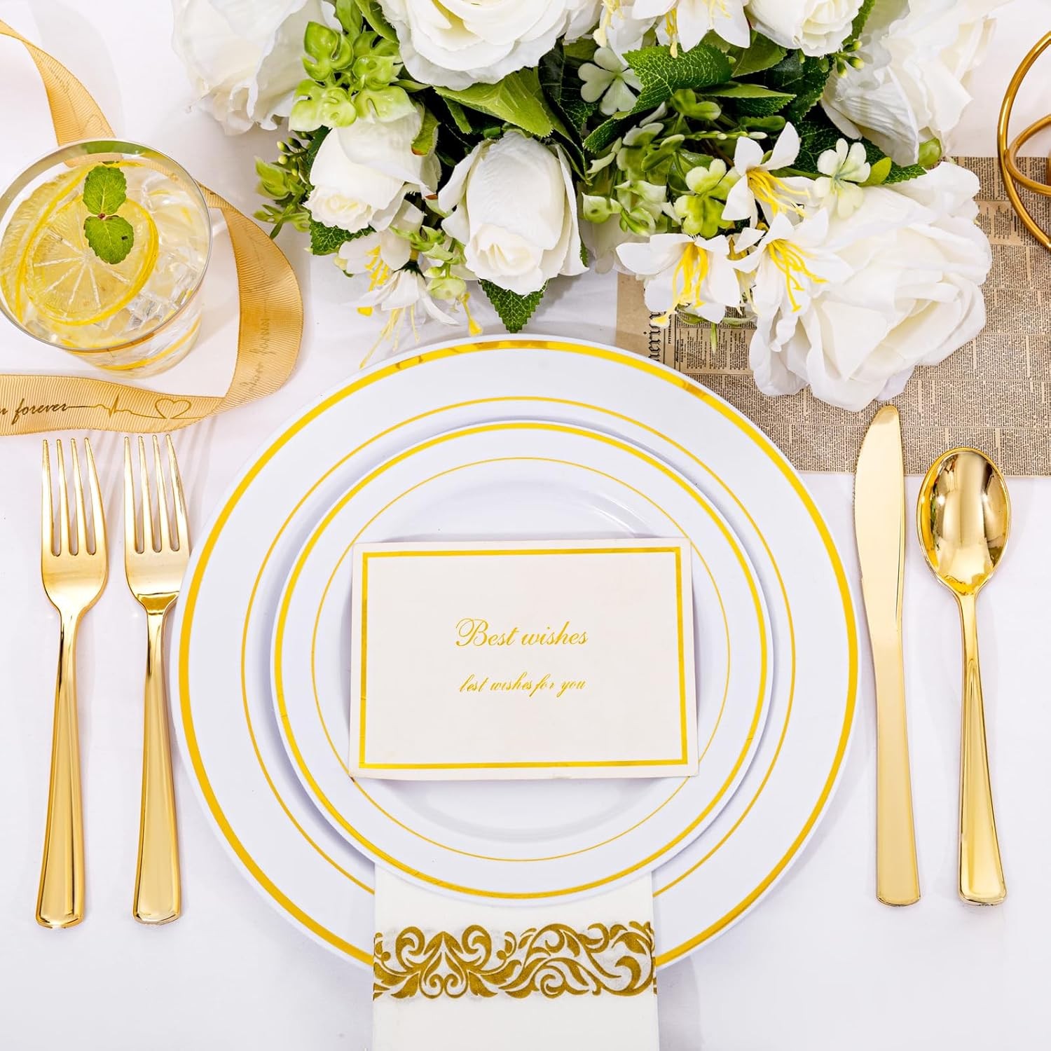 I00000 350Pcs Gold Dinnerware Set for 50 Guests, Gold Plastic Plates for Party