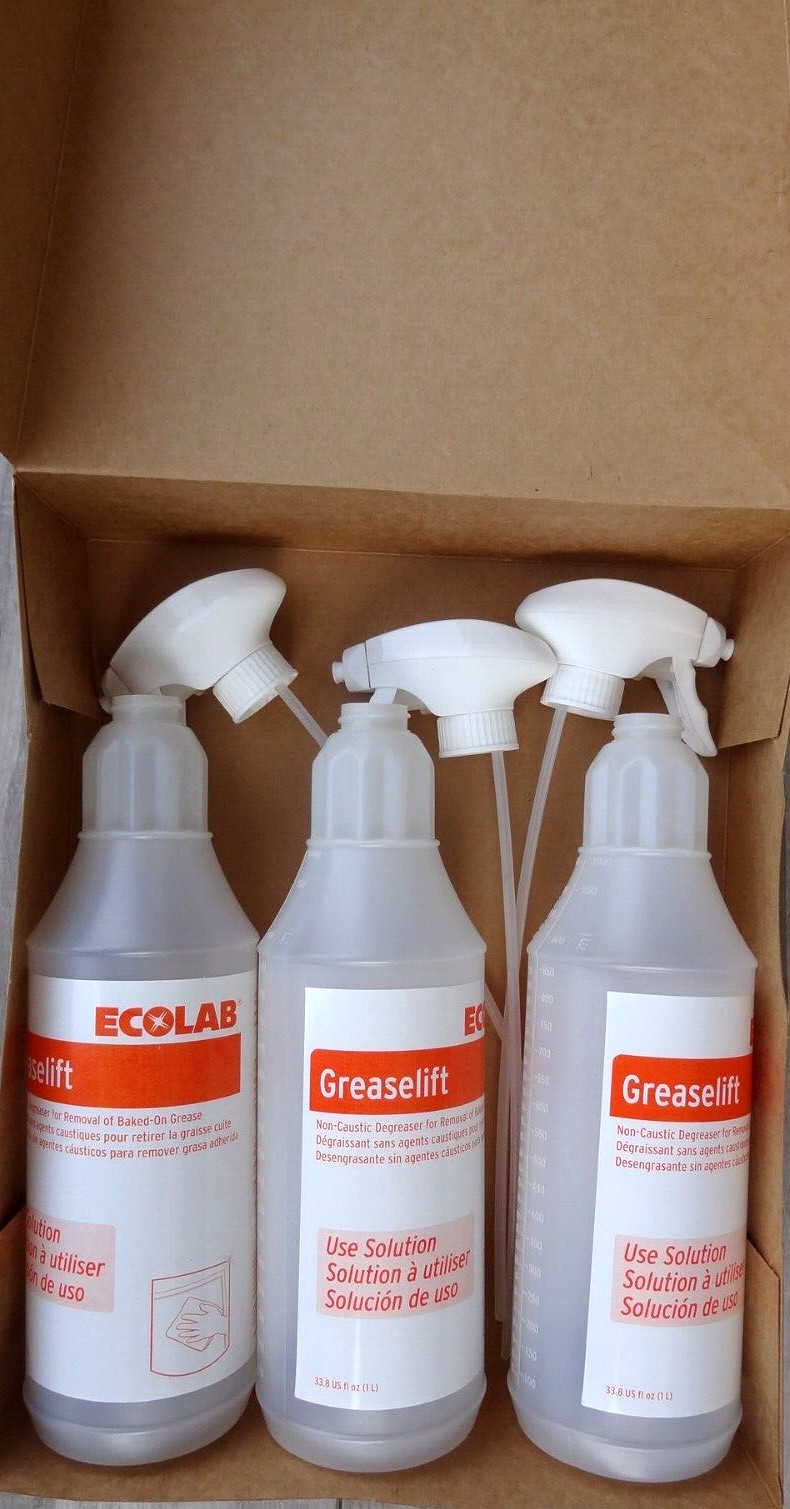 Ecolab Empty Spray Bottles For ~ GREASELIFT Non-Caustic Degreaser ~ 3 Bottles
