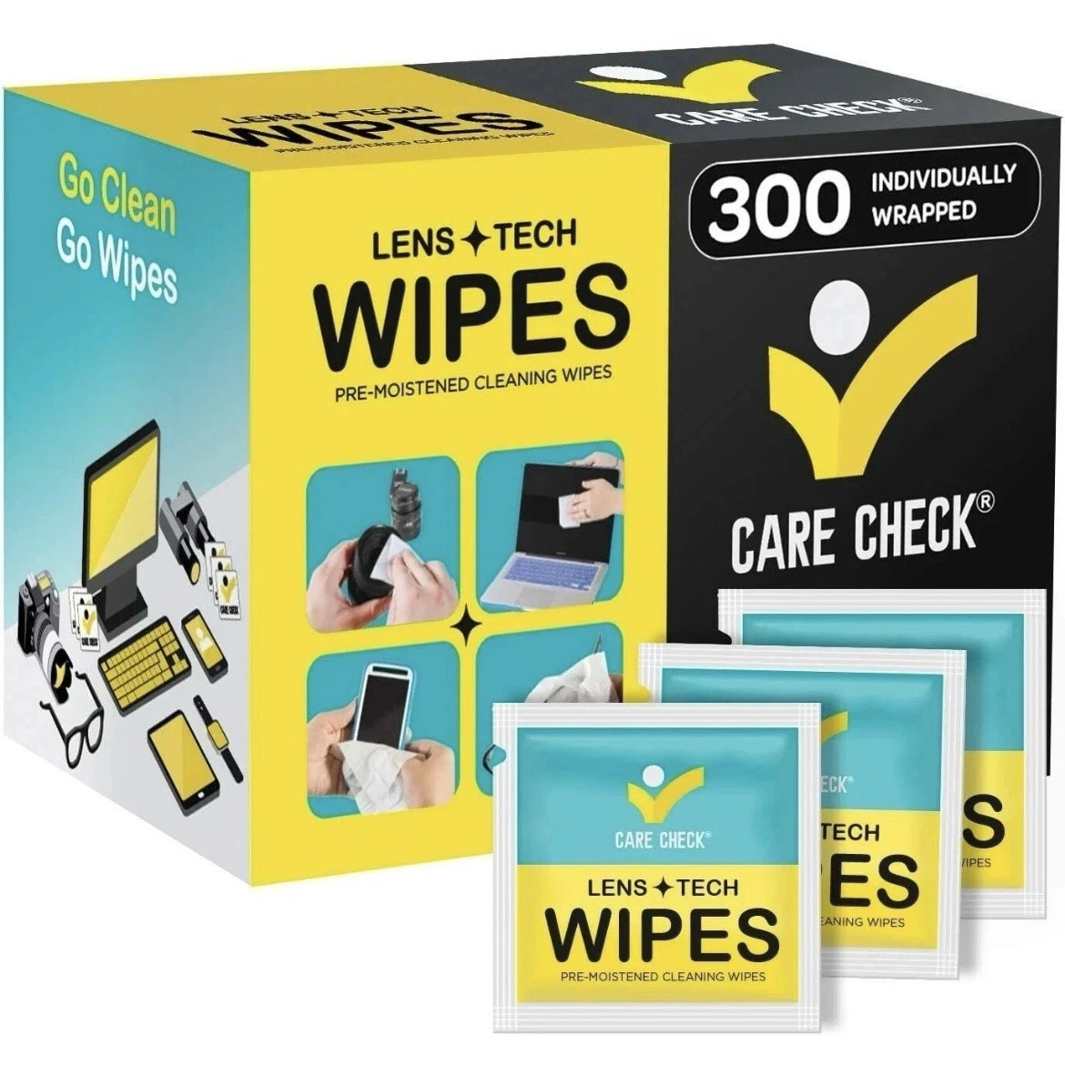 CARE CHECK Lens Tech Wipes 300 Individually Wrapped Pre-Moistened Screen Cleaner