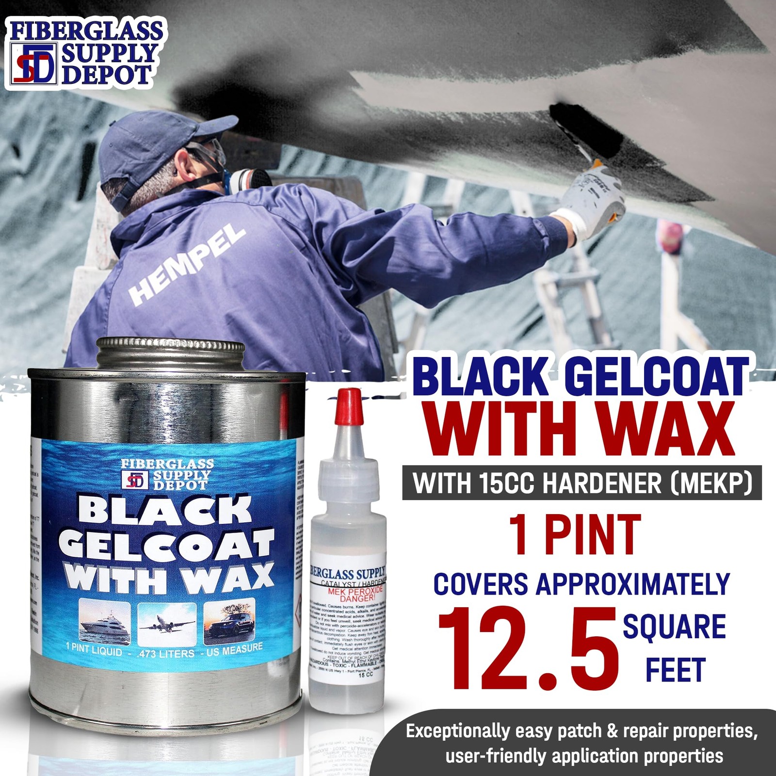 Fiberglass Supply Depot Black Gelcoat with Wax Pint with 15cc Hardener (MEKP)