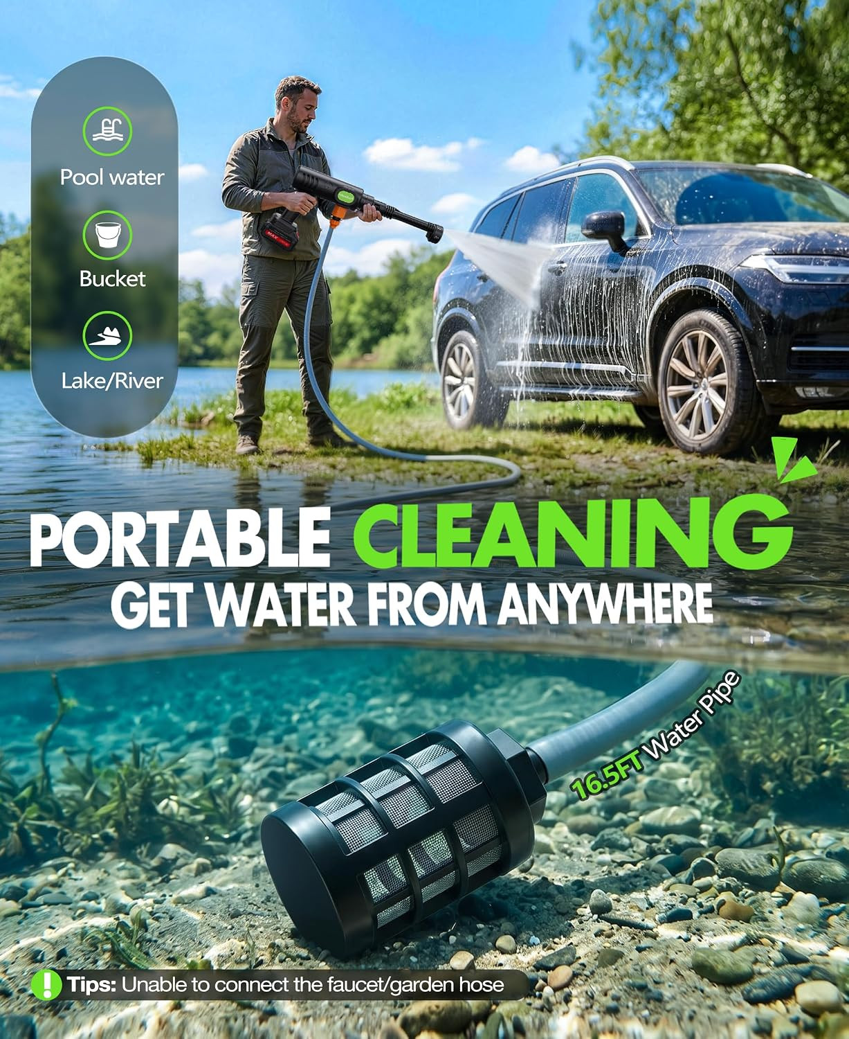 Cordless Car Washing Tool, Portable Vehicle Cleaner with 6-In-1 Nozzle & Foam Ca