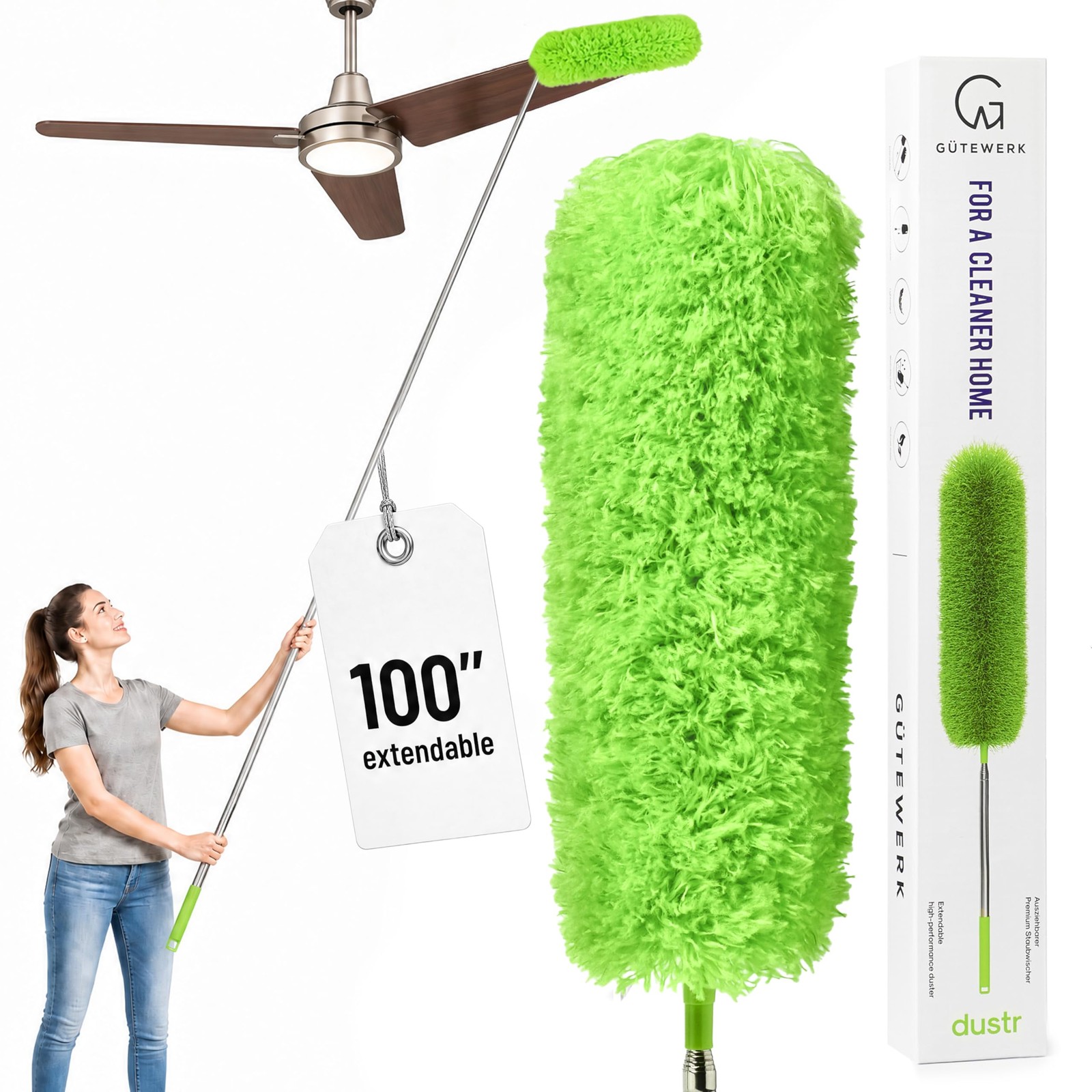 Extendable Microfiber Duster, 100 Inch – Feather Dusters for Cleaning Ceiling…