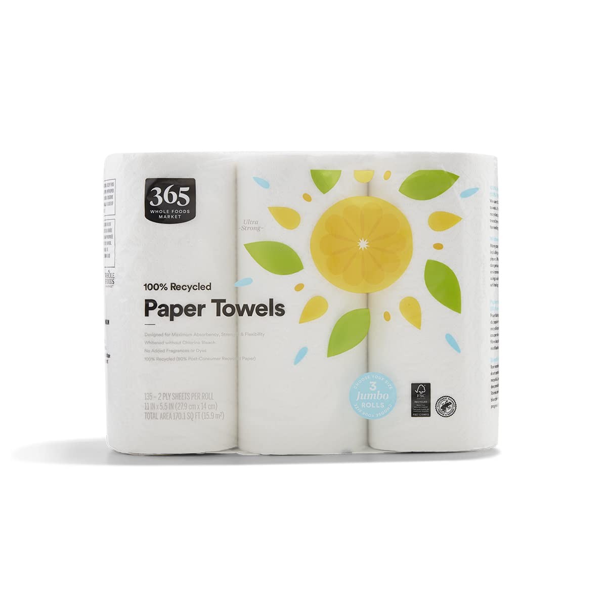 365 By WFM, 100% Recycled Jumbo Paper Towels, 135 Sheets Per Roll,3 Count-1 Box