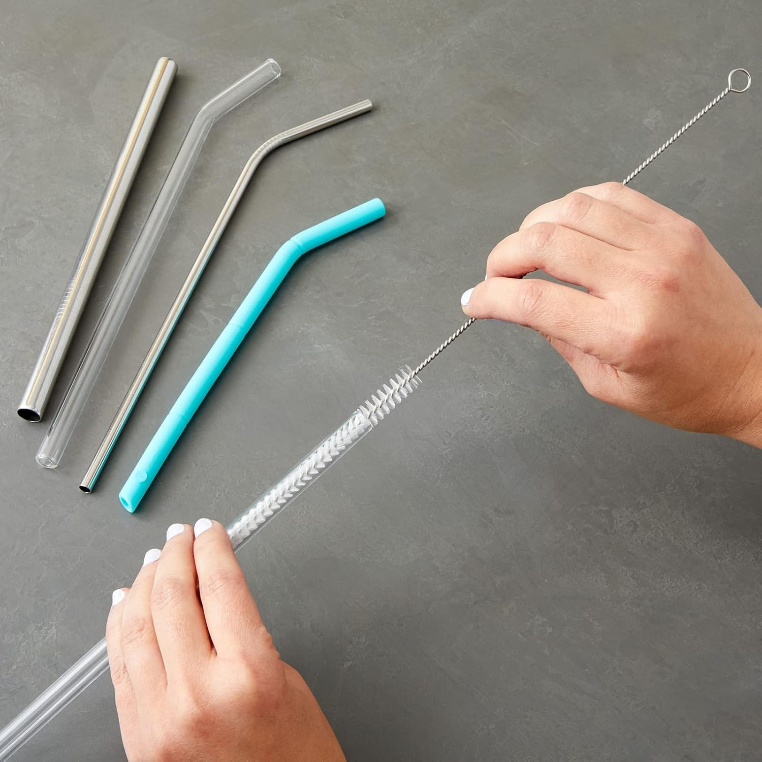 Stainless Steel Straw Cleaner Brushes 12In Silver White 4 Pack Flexible Nylon
