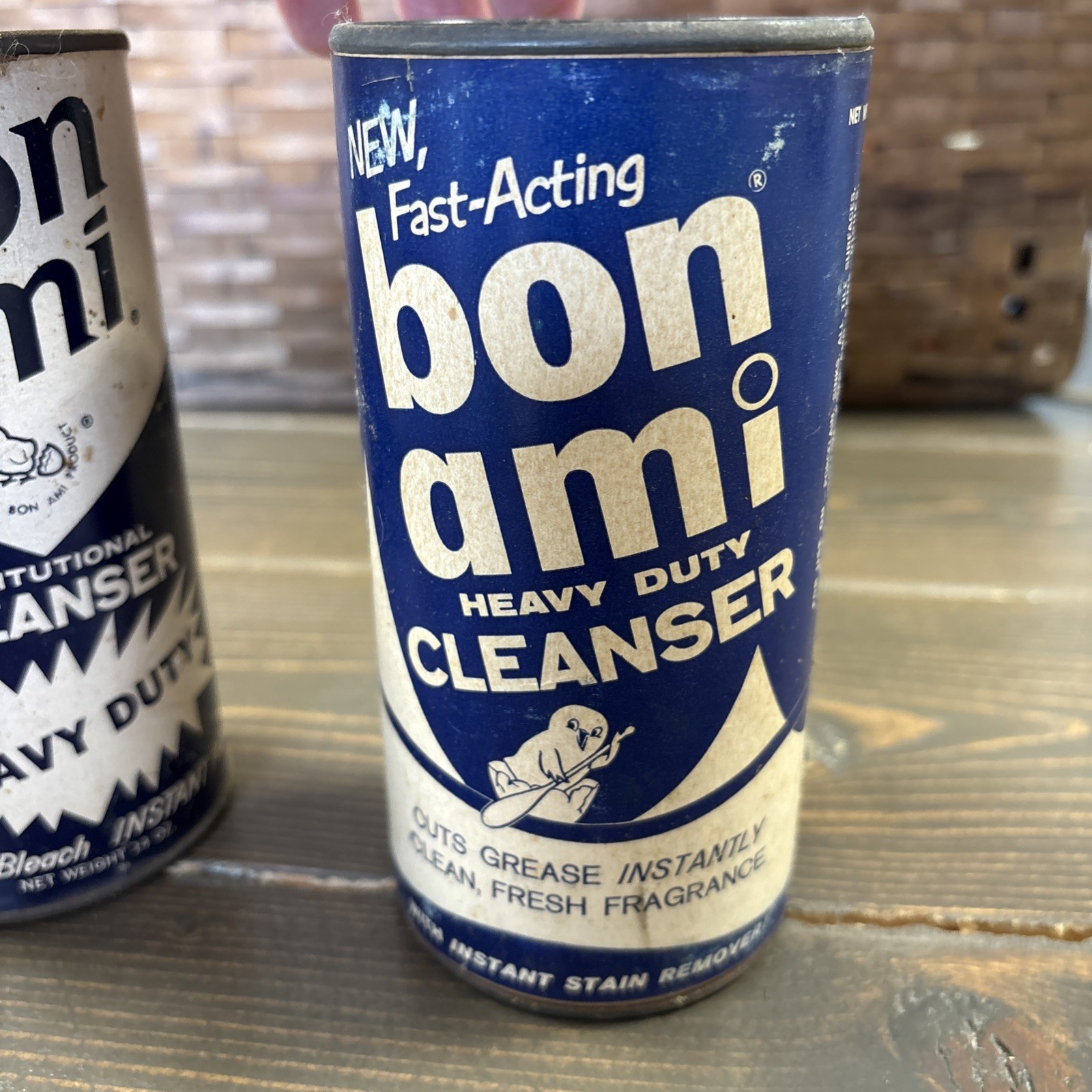 2- 1950s Bon Ami Cleanser Cans Institutional Cleanser Blue Advert Vintage FULL