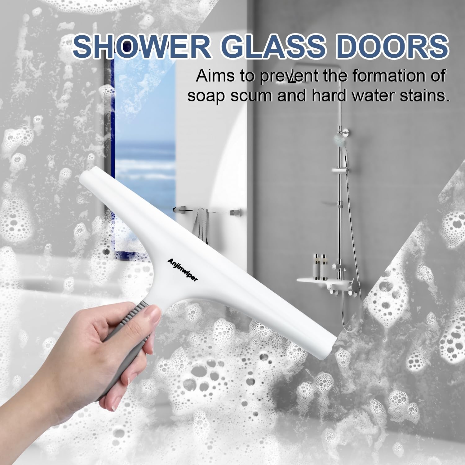 Shower Squeegee for Glass Tiles, 10 Silicone with Hook, White/Gray