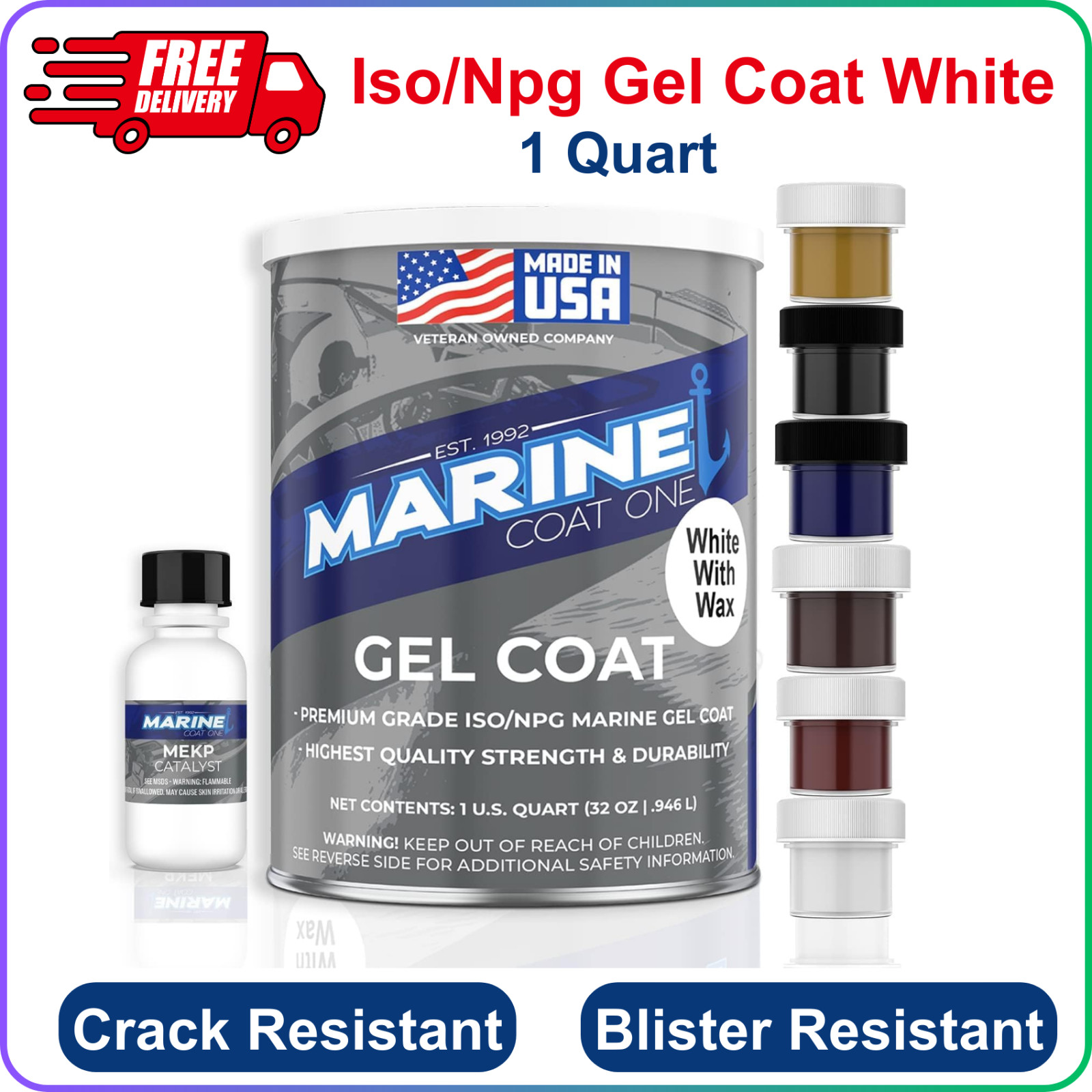 Gel Coat White With Wax & MEKP Catalyst For Boats And Fiberglass Repair 1 Quart