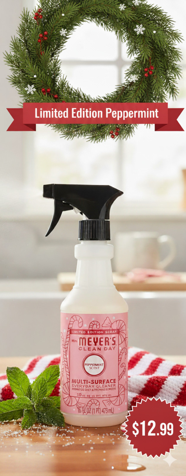 Mrs. Meyer’s Peppermint 16oz Multi-Surface Cleaner – LIMITED EDITION Holiday NEW