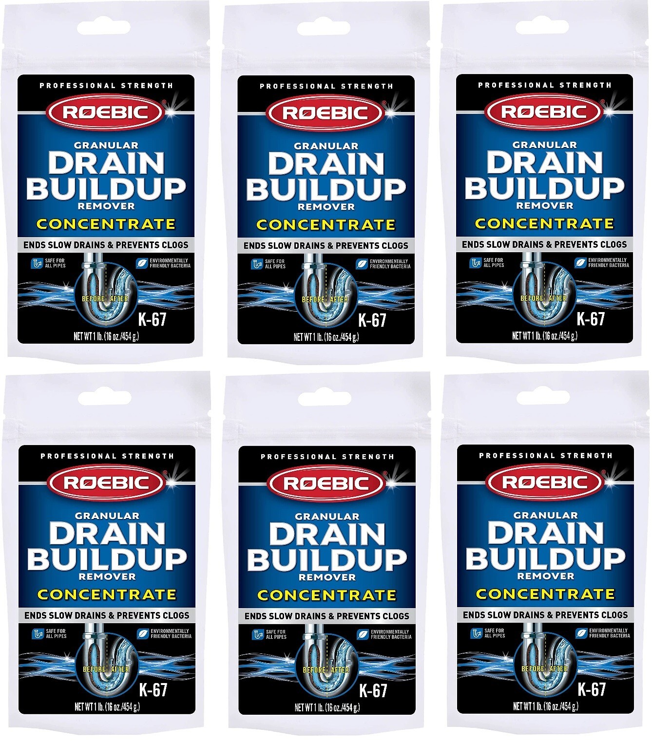 Roebic K-67 16 oz Granular Drain Buildup & Trap Cleaner – Pack of 6