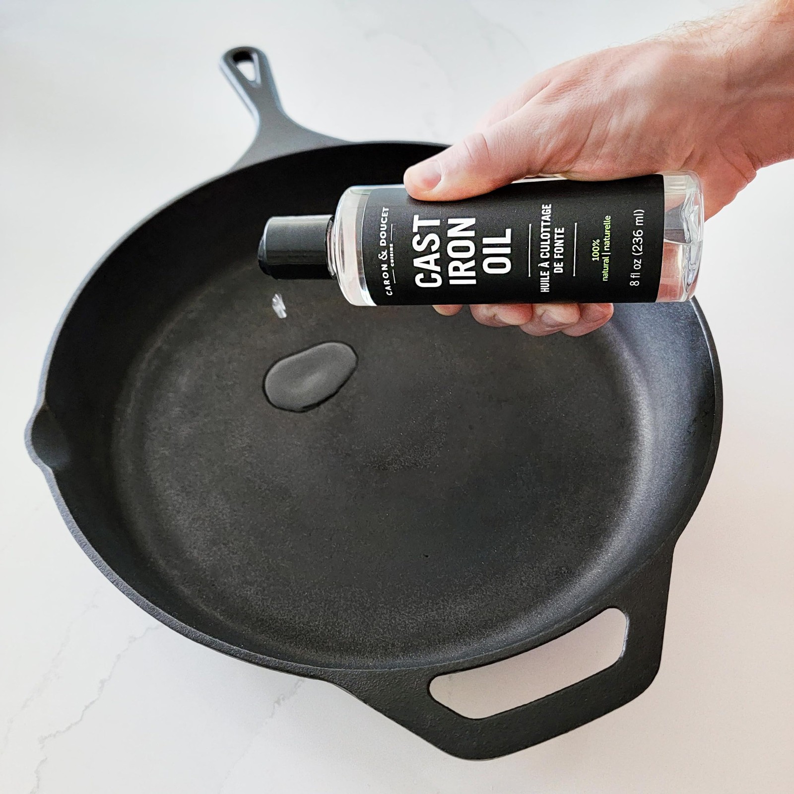 CARON & DOUCET Ultimate Cast Iron Set Seasoning Oil, Cleaning Soap & Restori…