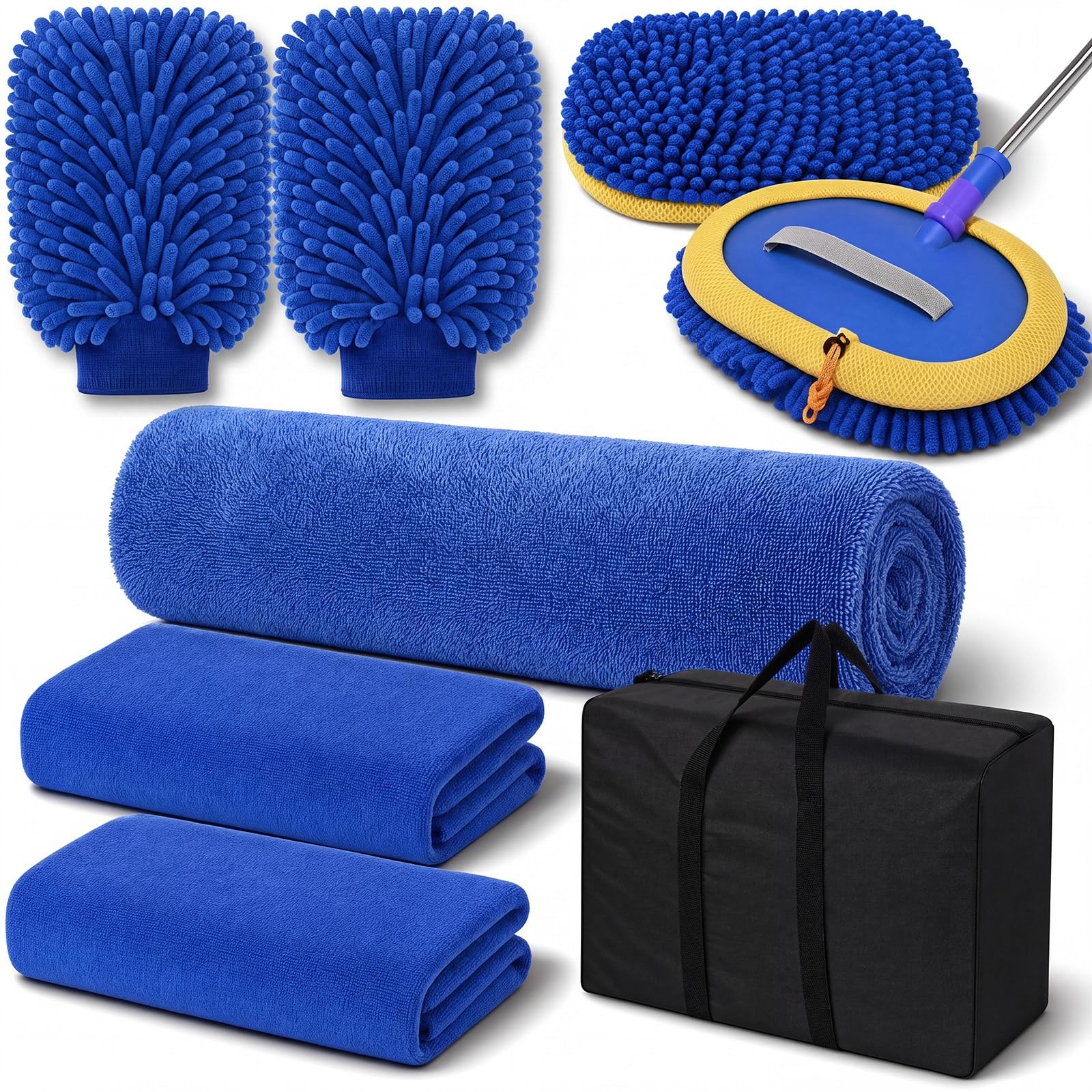 8 Pack Blue Chenille Car Wash Kit Includes Car Wash Mitt Microfiber Drying To…