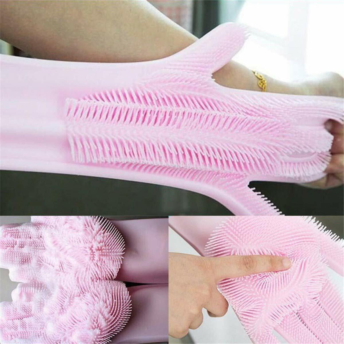 Reusable Silicone Gloves Scrubbing Glove Bristles Scrubber Dishwashing Pink