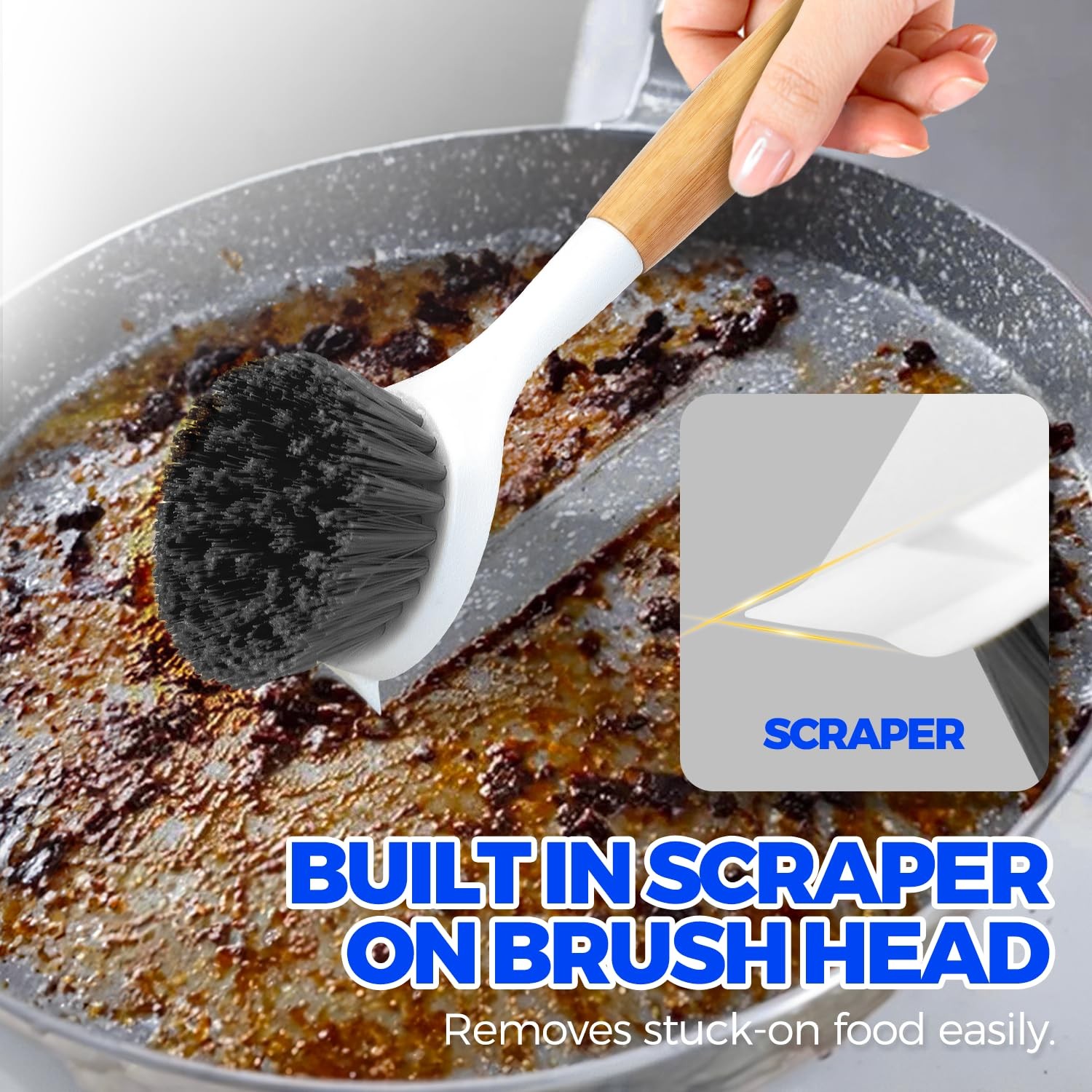 3 Pack Dish Brush Set with Bamboo Handle for Cleaning Kitchen Pot Sink Stove