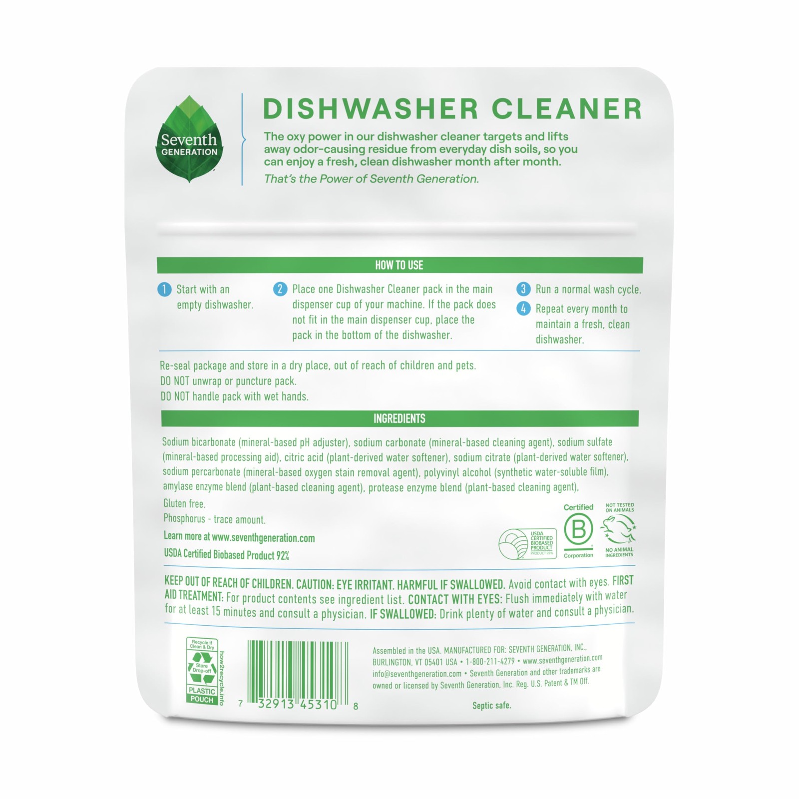 Dishwasher Cleaning Packs 6 Count Free & Clear Oxy Power Maintenance Biobased