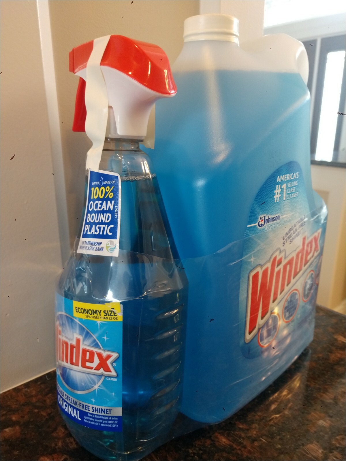 2 items: WINDEX Glass Cleaner 1.39 Gallons (5.2 L) + 32 oz cleaner With Sprink.