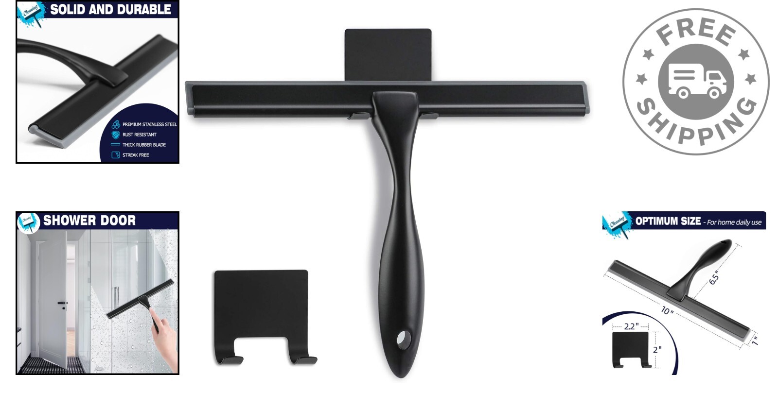 10-Inch Matte Black Shower Squeegee – Streak-Free Stainless Steel Cleaning Tool