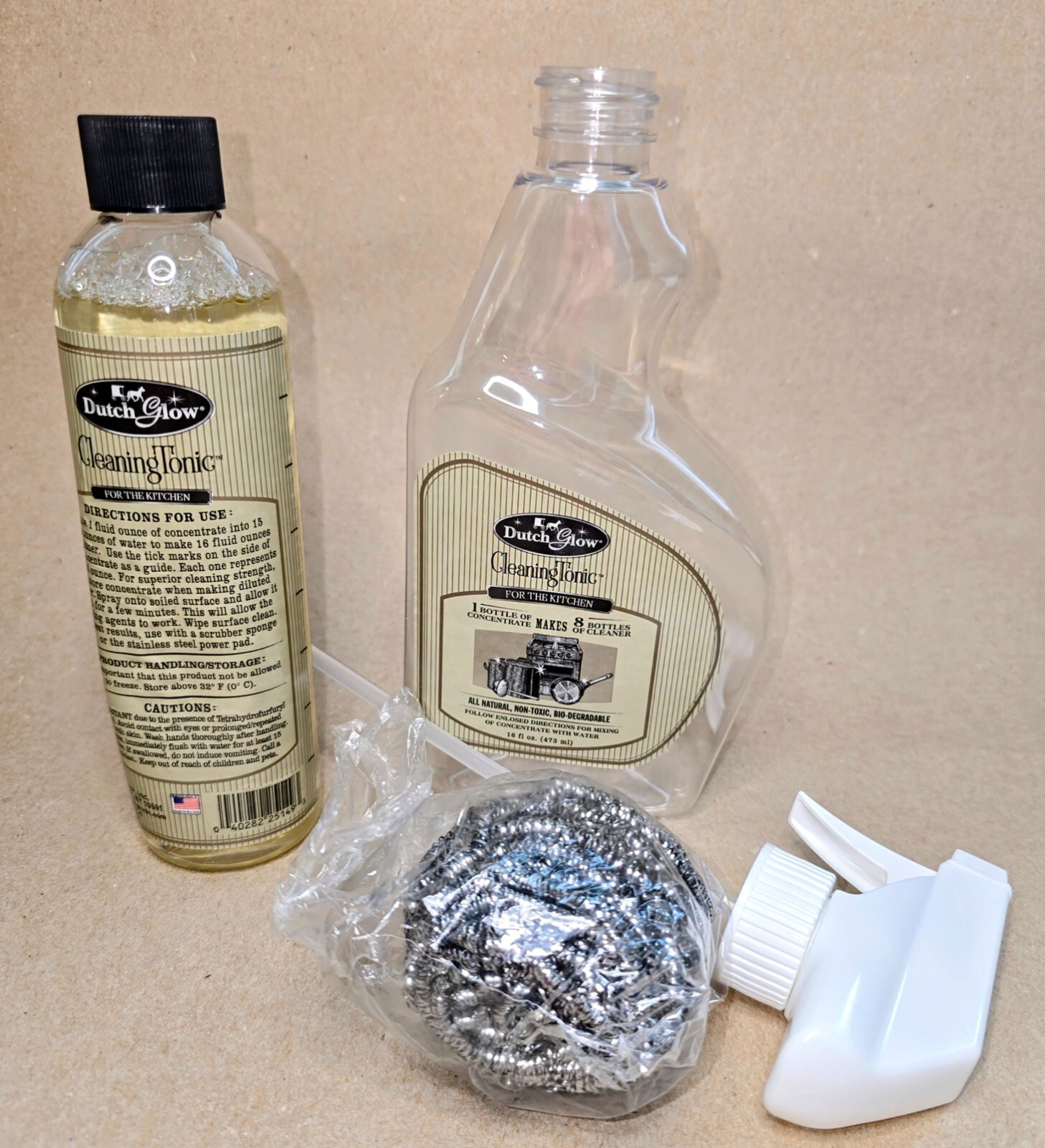 Dutch Glow Cleaning Tonic Kitchen Kit 8 oz Concentrate & Spray Bottle & Scrubber
