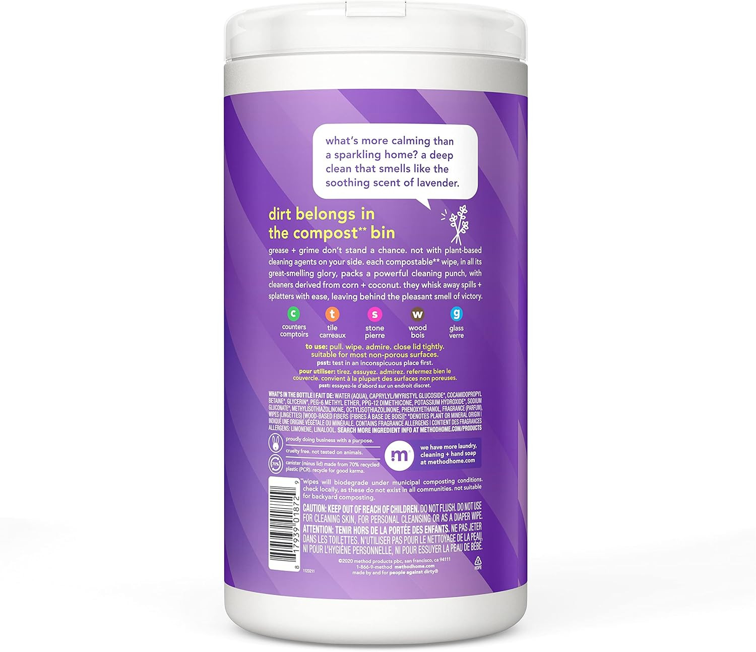 Method All-Purpose Cleaning Wipes, French Lavender, Multi-Surface, Compostable,