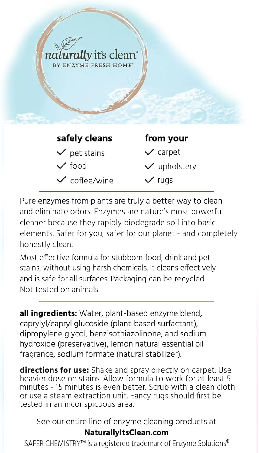 Carpet Stains & Odors Cleaner; Plant Based Enzyme Safely Cleans Pet/Food Stains,