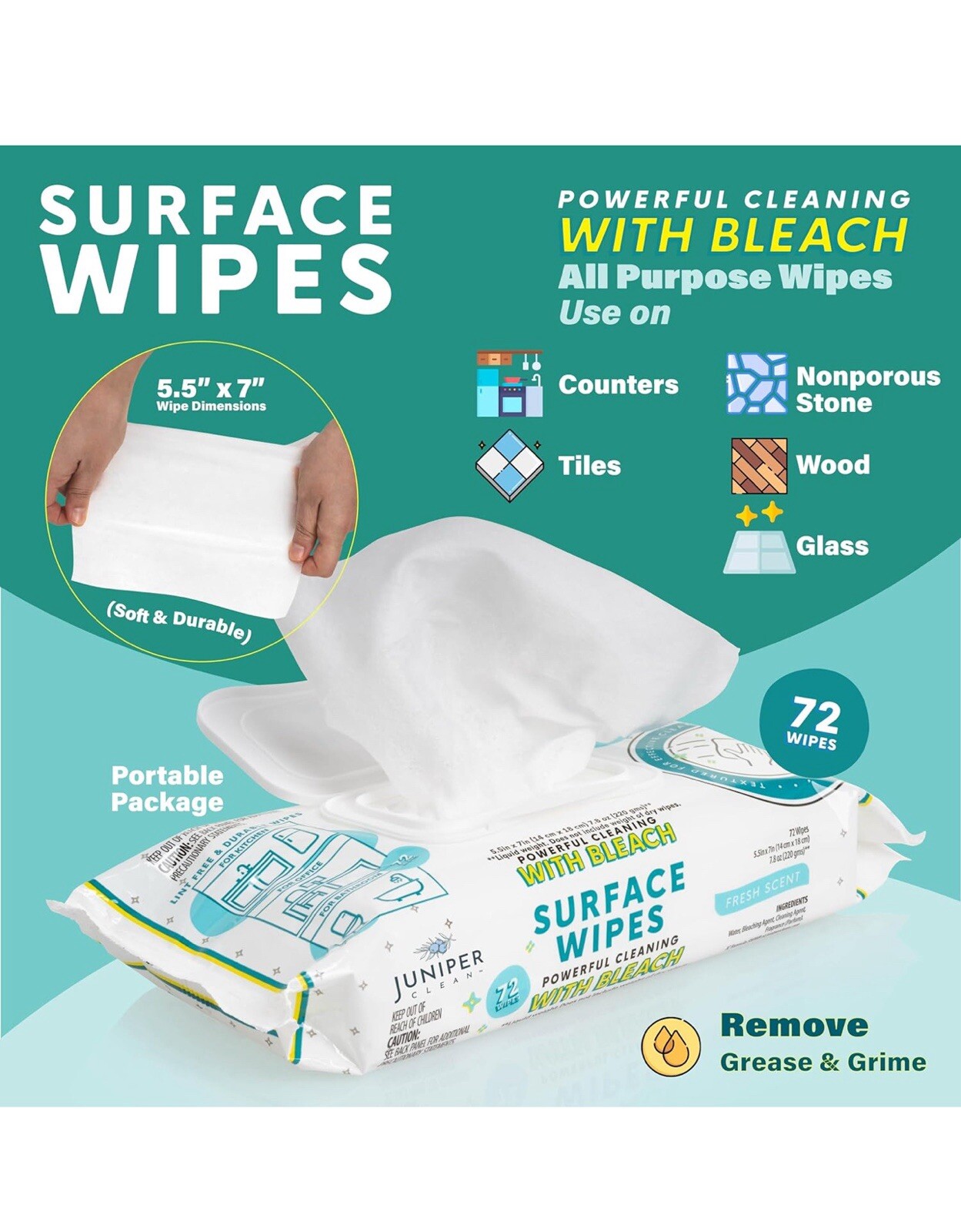 864-JUNIPER CLEAN SURFACE WIPES FRESH SCENT POWERFUL CLEANING WBLEACH 12pks