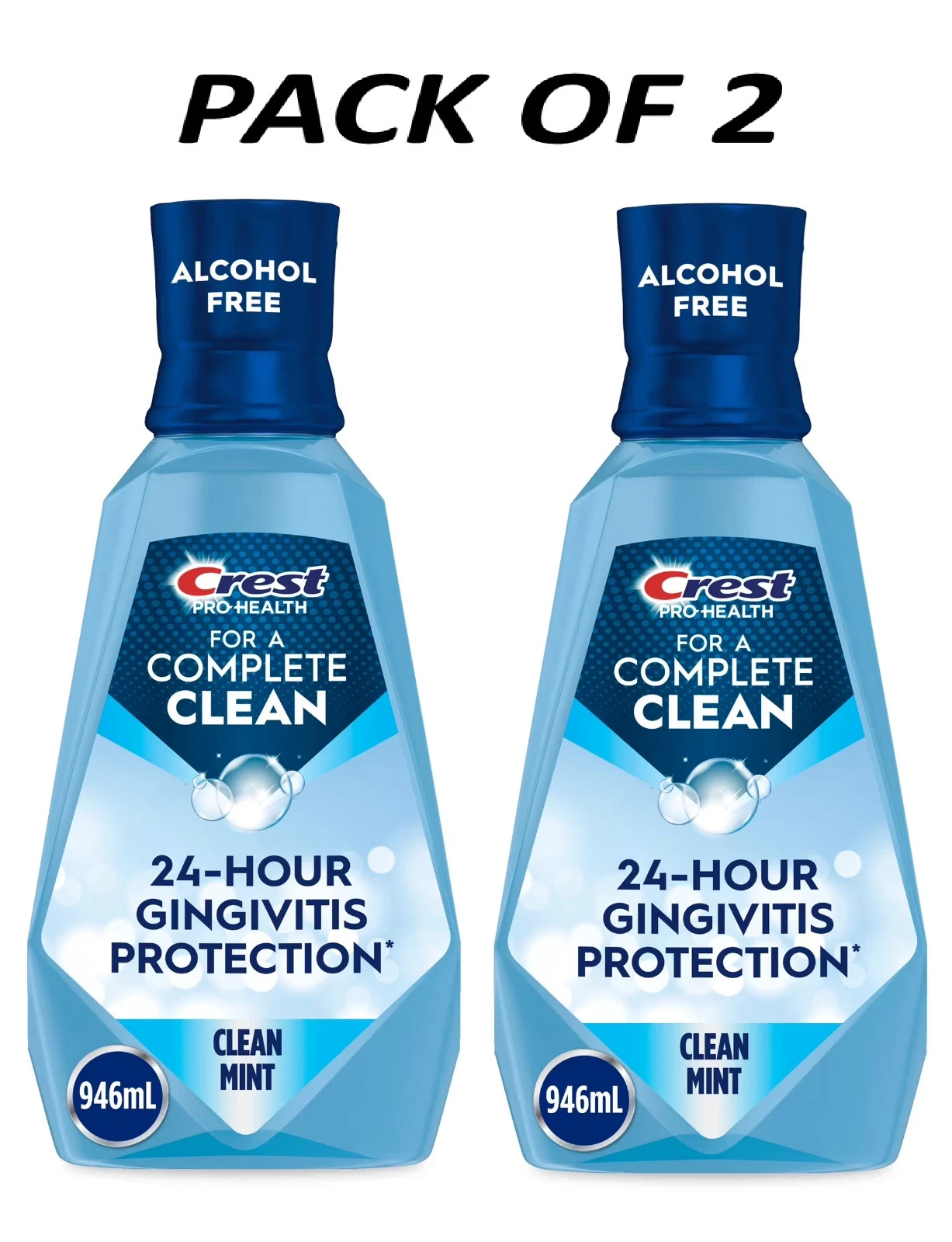 Crest Mouthwash Pro Health Complete Clean, Alcohol Free, Clean Mint, 1 L, 2 Pack