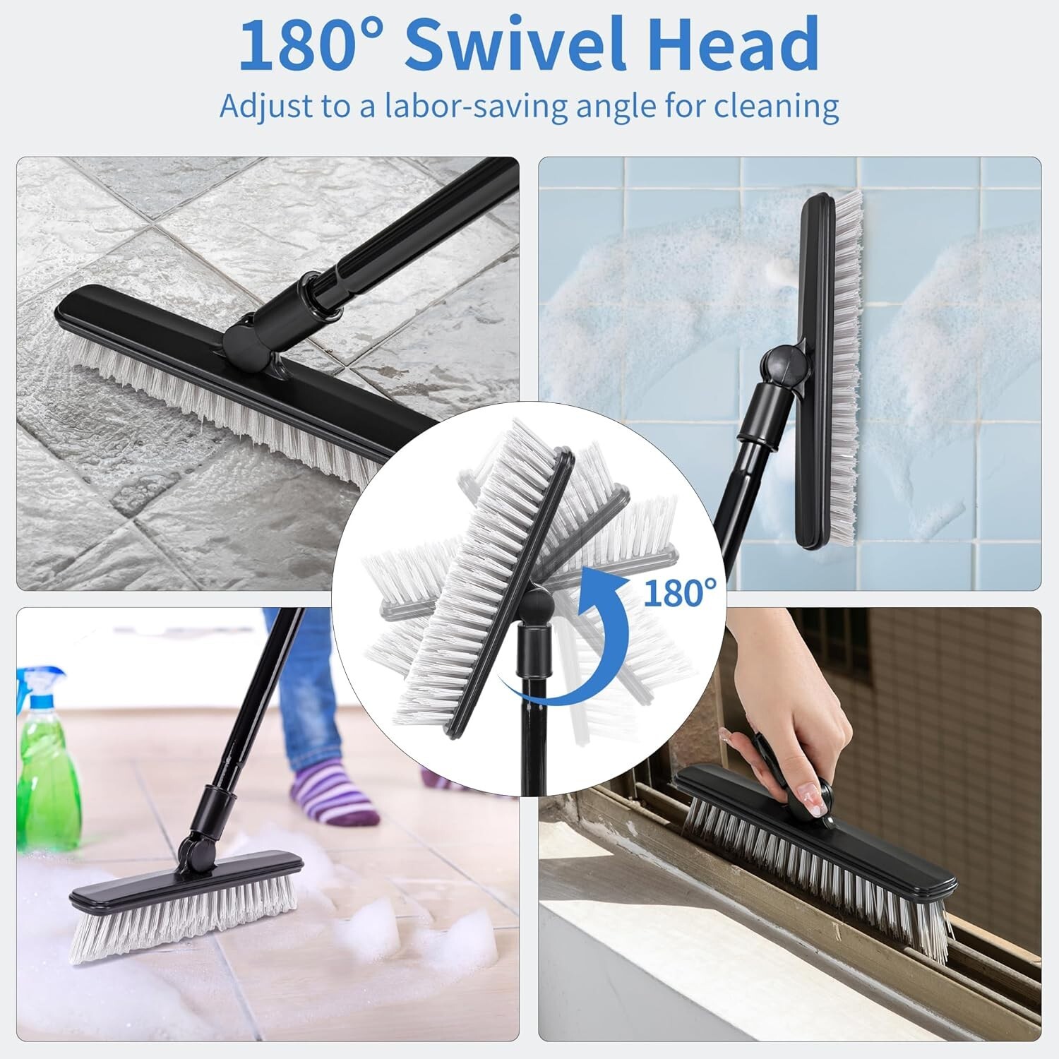 1 or 2 Pack Grout Brush with Long Handle 50 Inches, Swivel Floor Scrub Broom