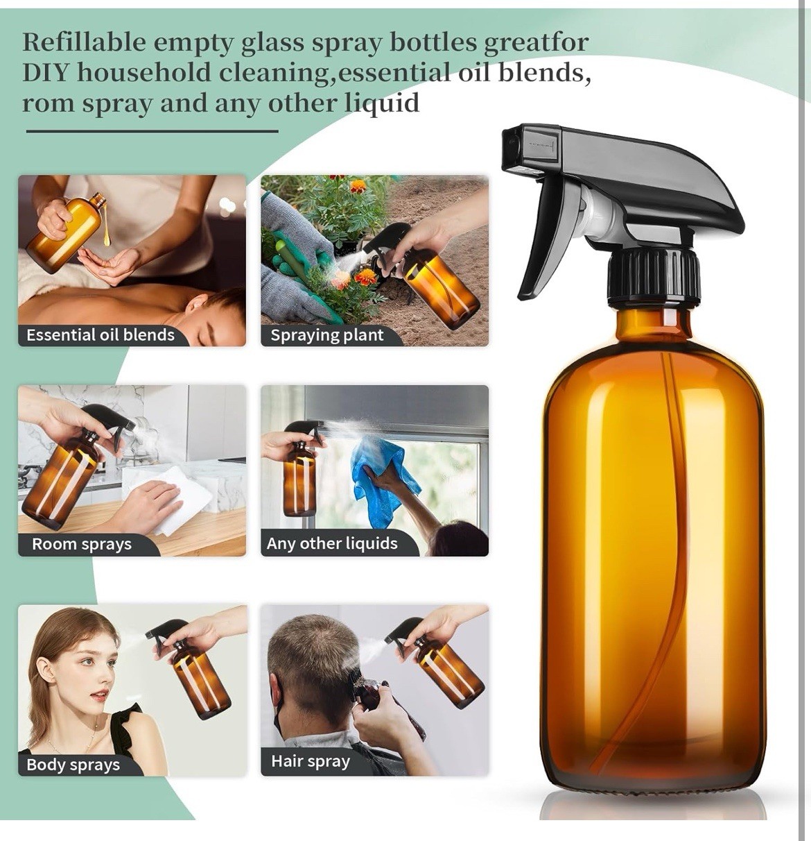 Set of 2 AMBER Colored Empty Glass Spray Bottles ~ 16 Ounce Each