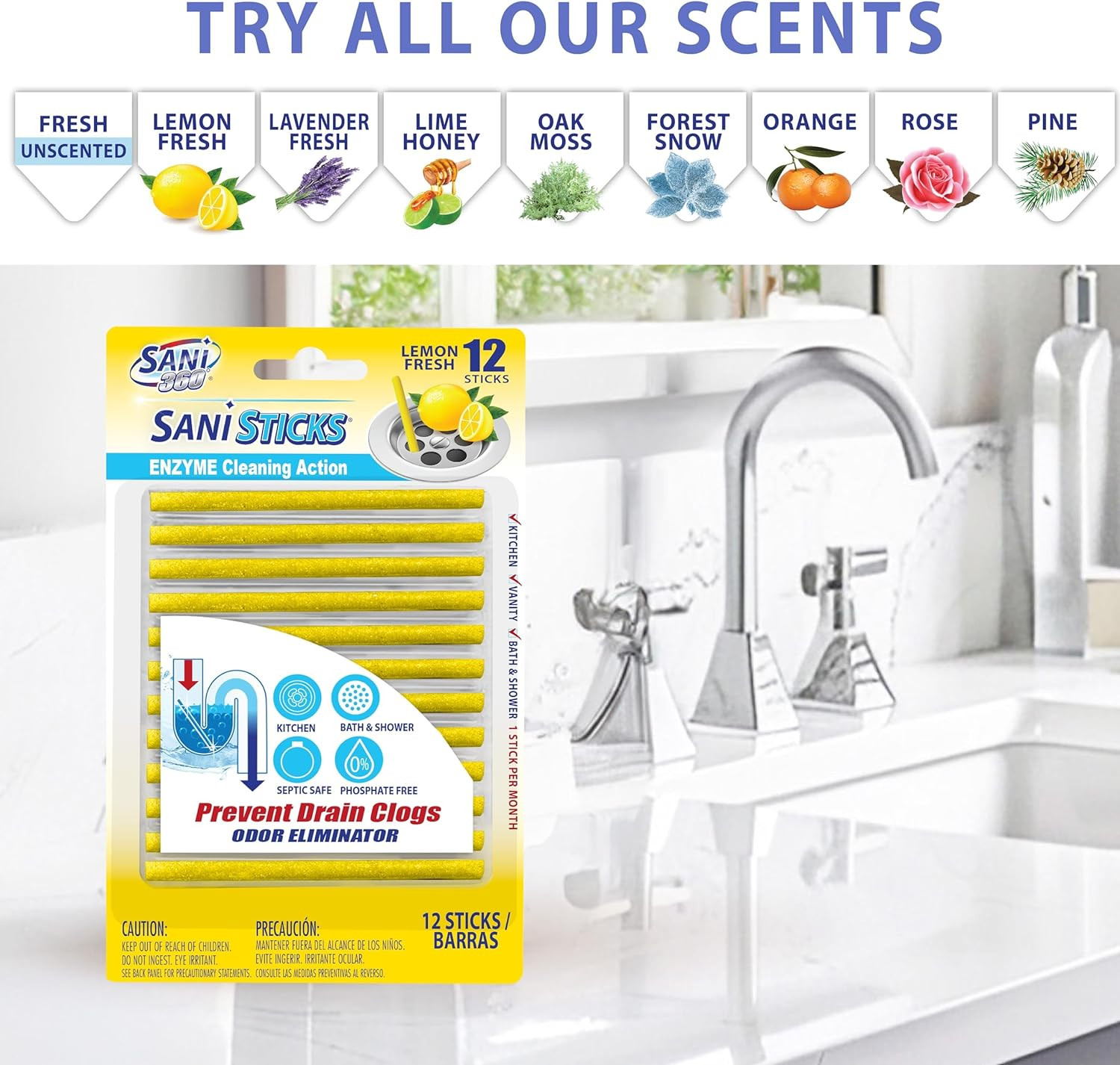 Sani Sticks Drain Cleaner and Deodorizer, 24 Count, Lemon Scent Enzyme Pipe Clea